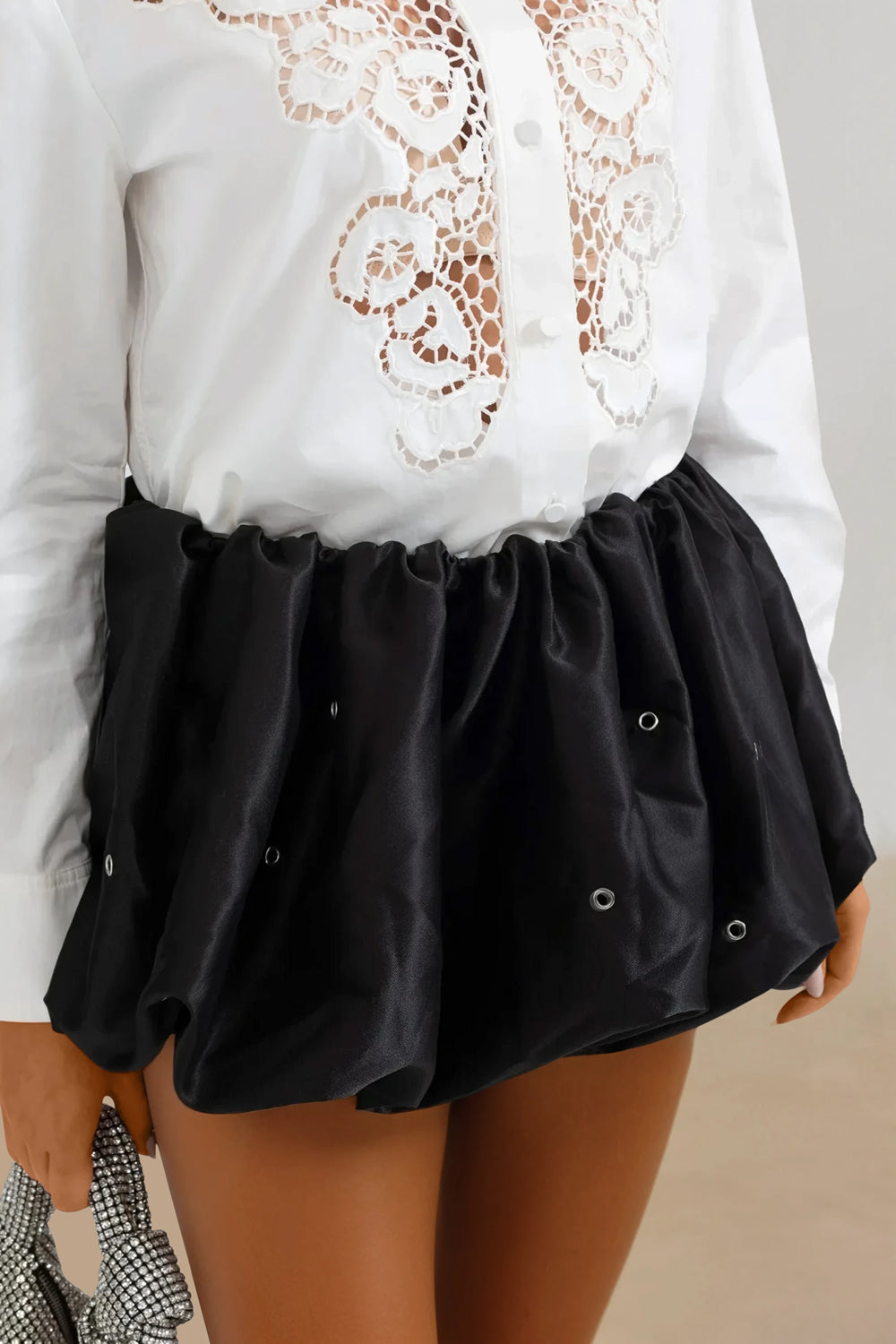 Bubble Skirt with Eyelet Details and Lace-Up Front - Black