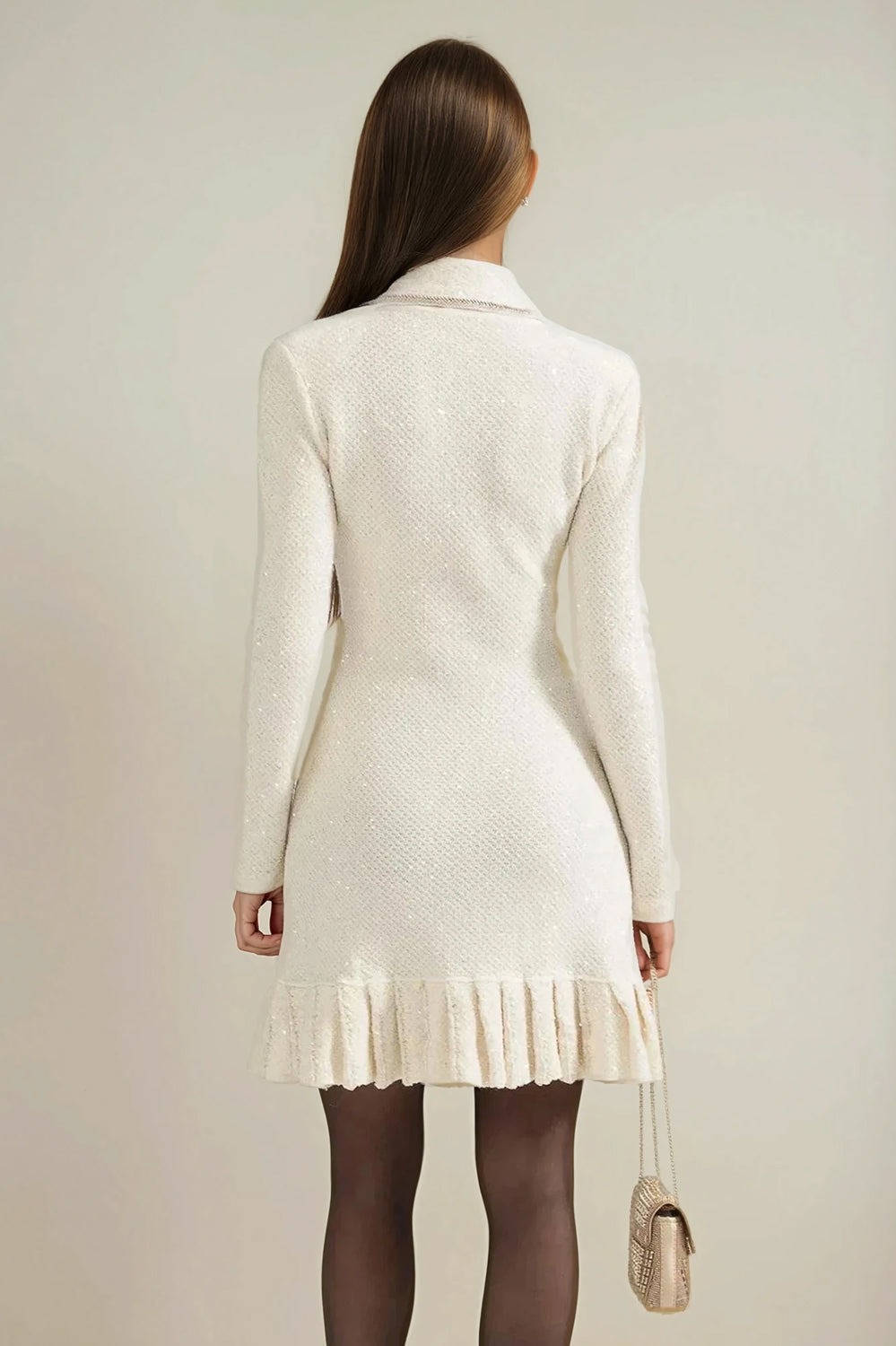 Mini Dress with Pocket Detailing and Ruffled Hem - White