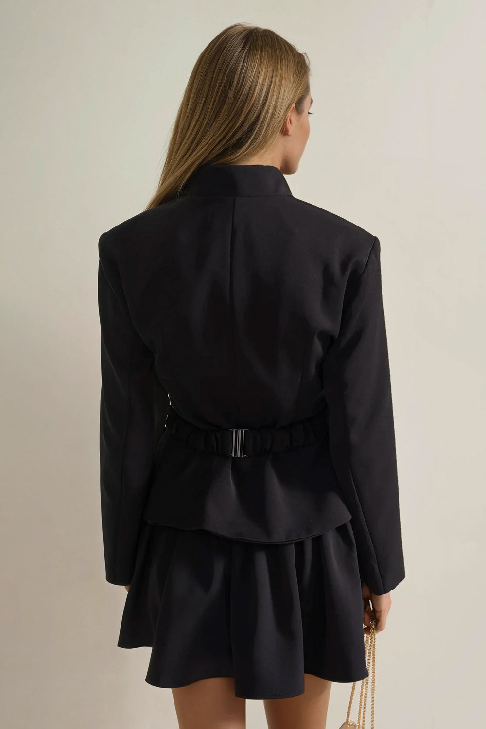 Two-Piece Set with Bow-Front Blazer and Pleated Mini Skirt - Black