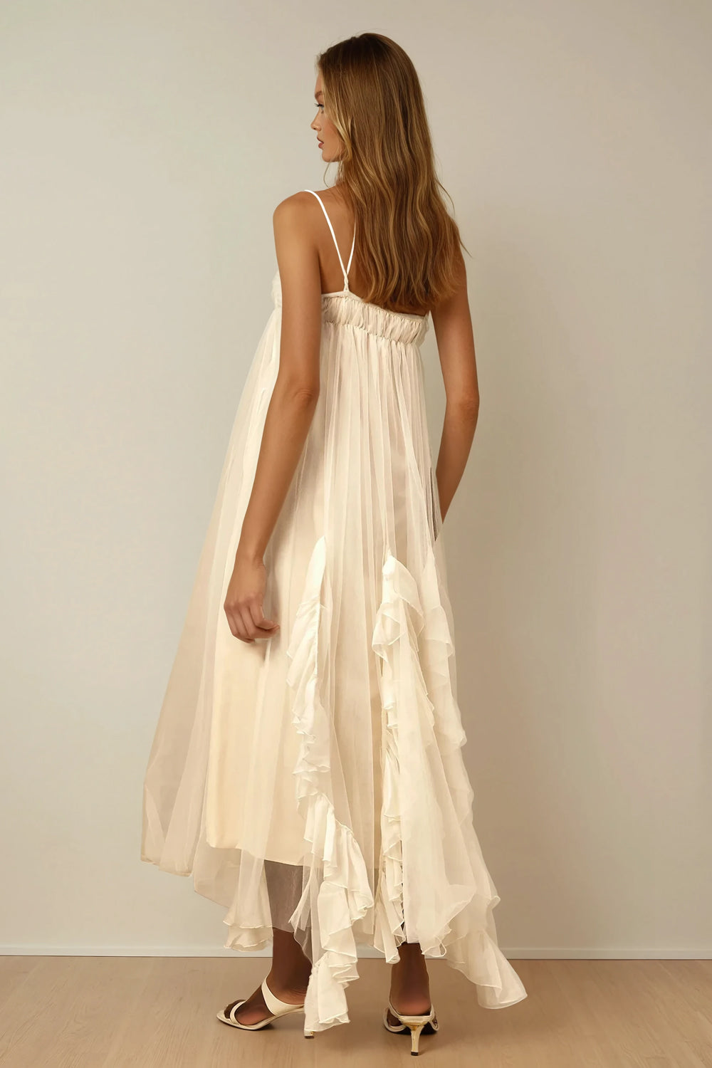 Maxi Dress with Tiered Ruffle Draping and Double Straps - Beige