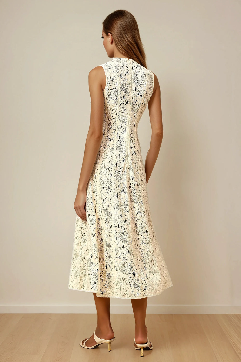 Sleeveless Midi Dress with Floral Lace Pattern - White