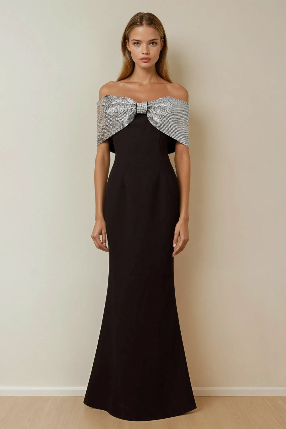 Maxi Dress with Off-Shoulder Metallic Bow Detail - Black