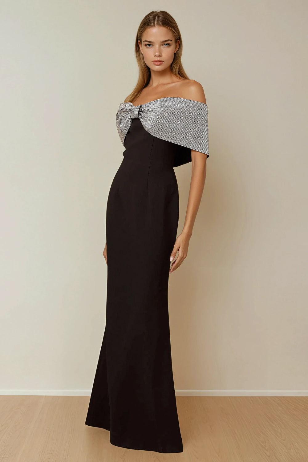 Maxi Dress with Off-Shoulder Metallic Bow Detail - Black