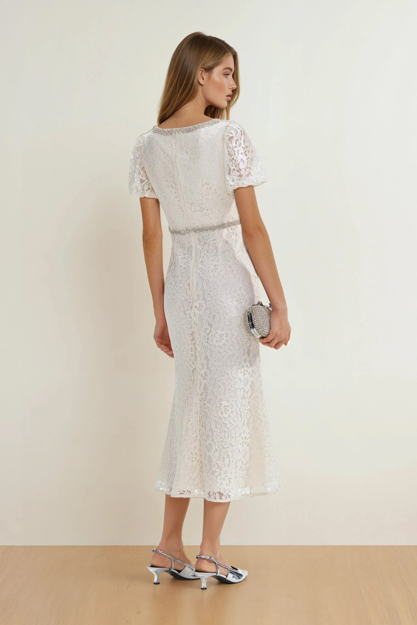 Midi Dress with Puff Sleeves and Embellished Trim - White
