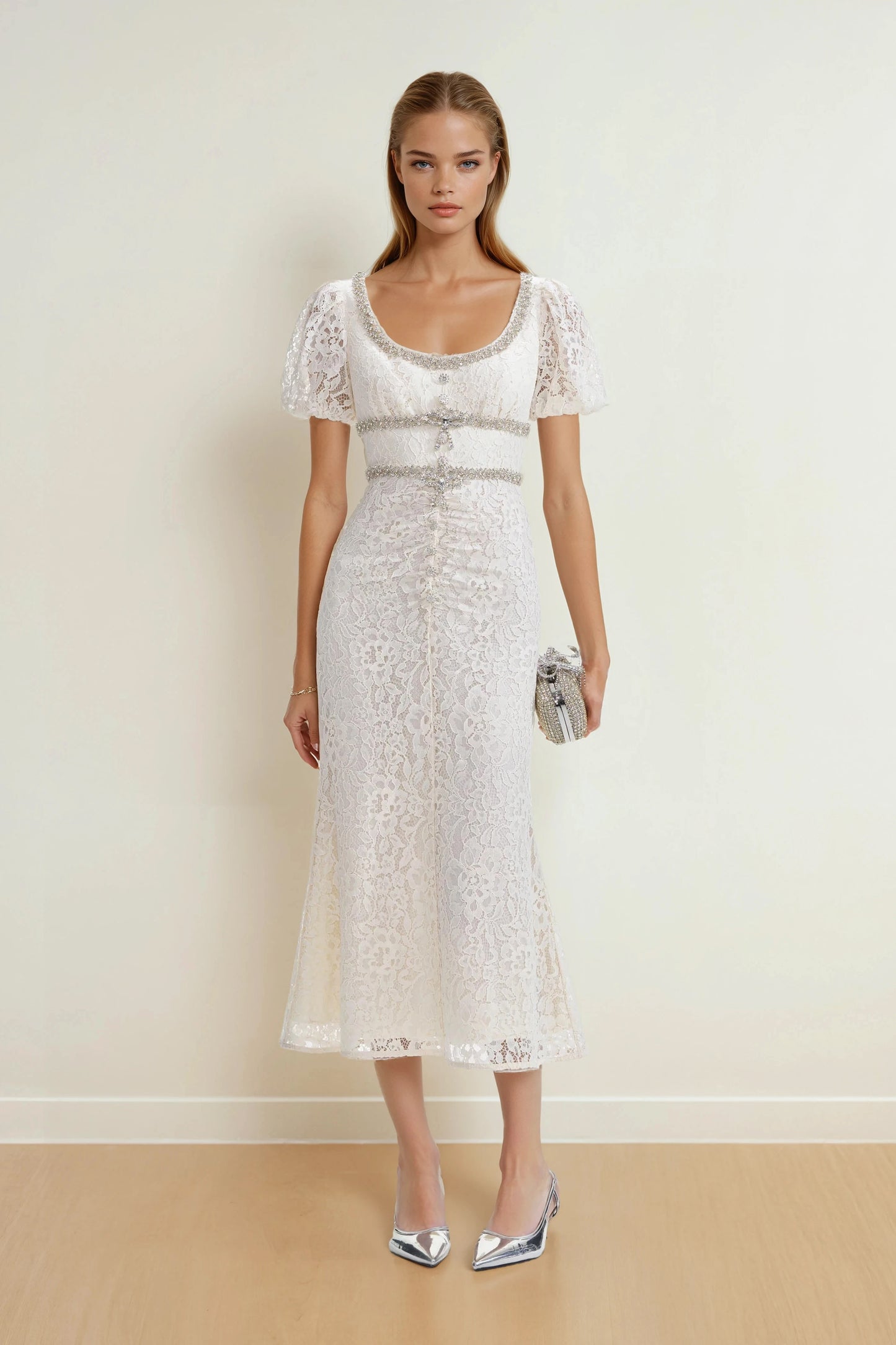 Midi Dress with Puff Sleeves and Embellished Trim - White