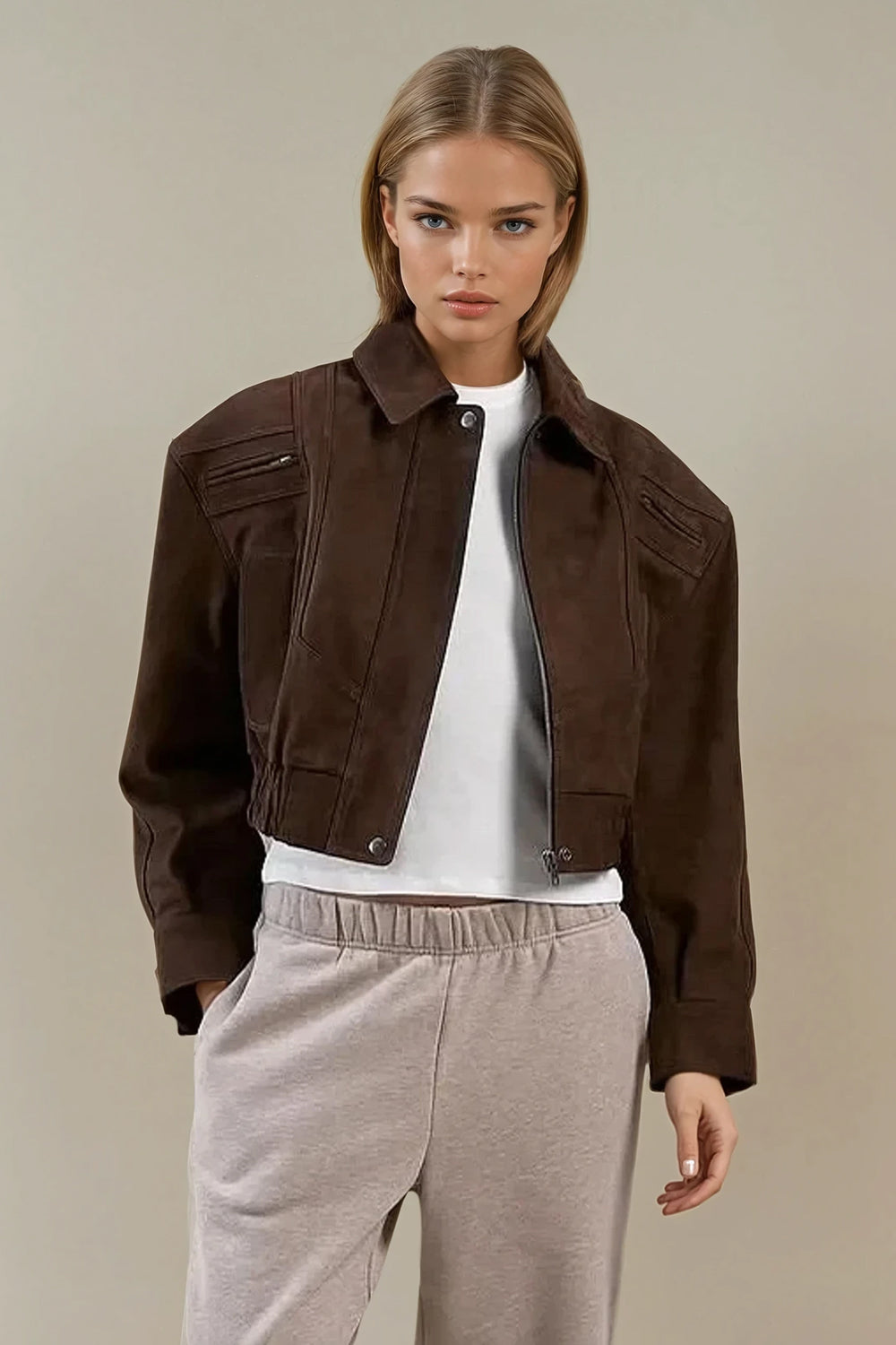 Oversized Bomber Jacket with Utility Pocket Detail - Brown