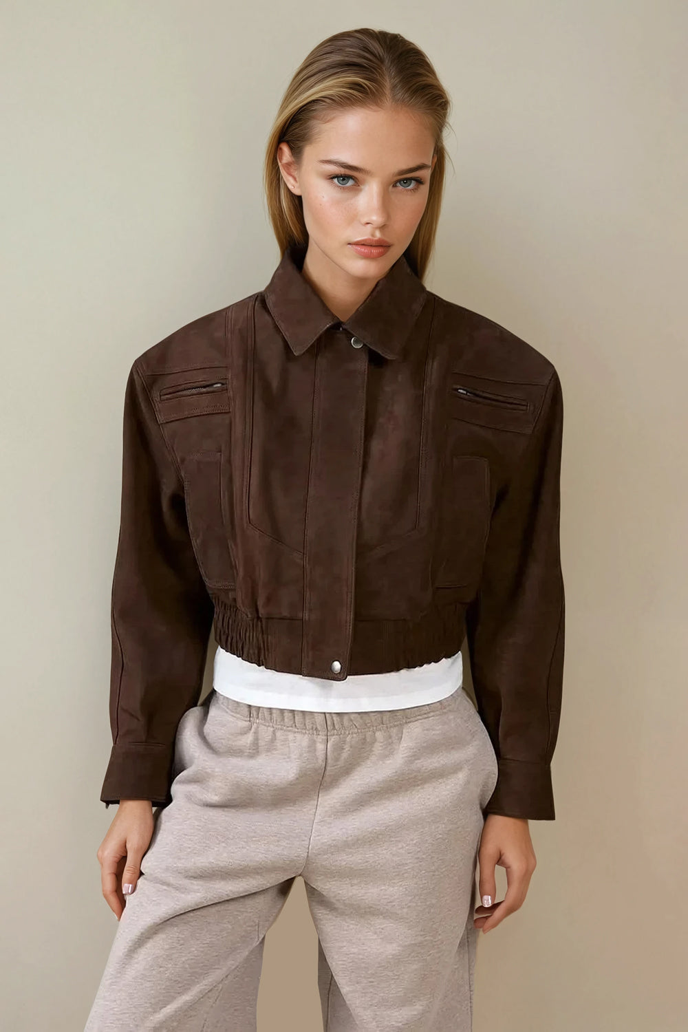 Oversized Bomber Jacket with Utility Pocket Detail - Brown
