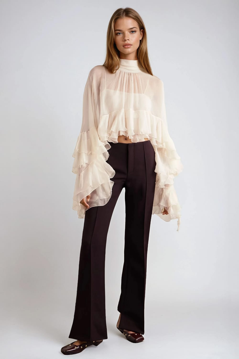 Long Ruffle Sleeve Sheer Layered Top - White