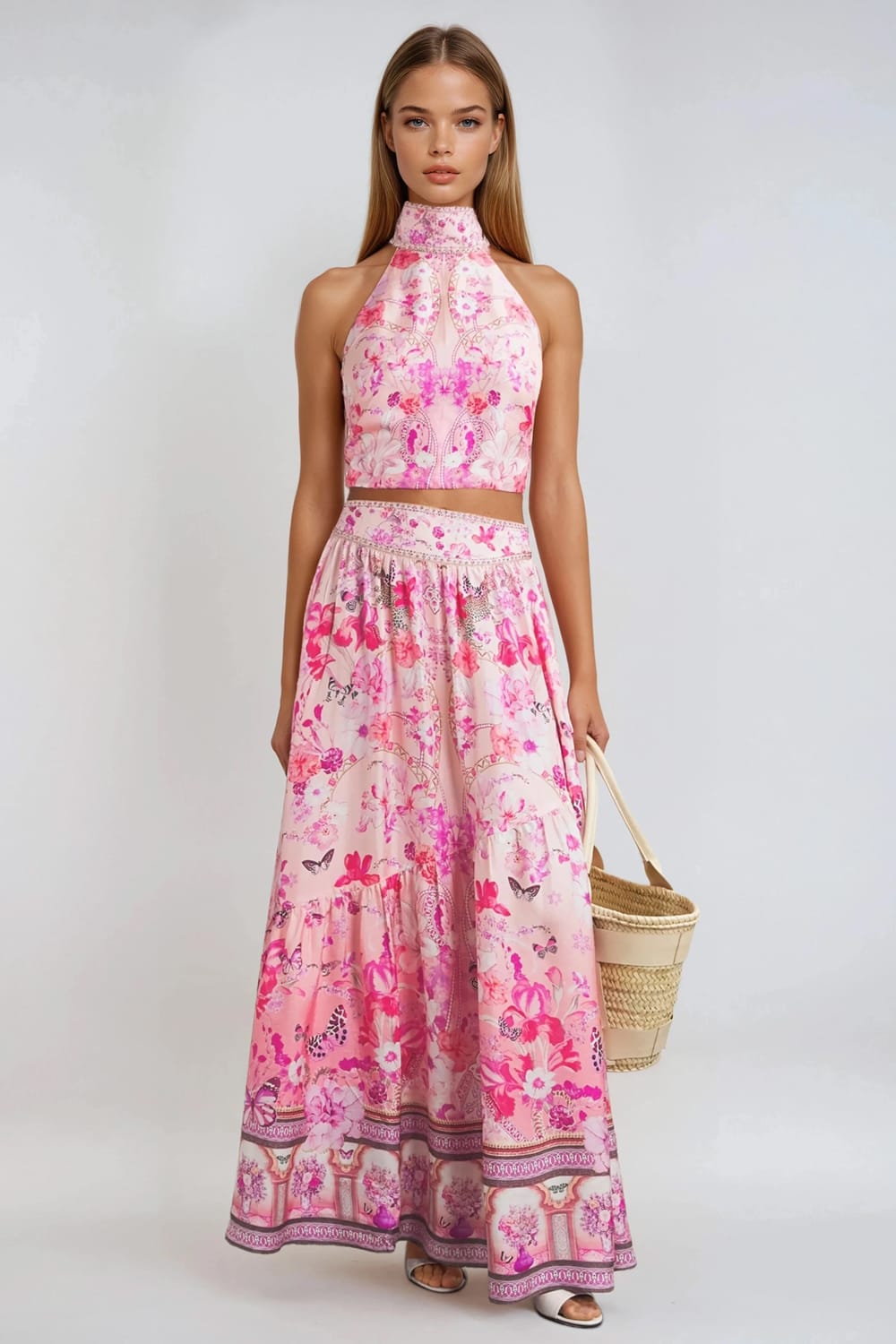 Two-Piece Set with Halter Crop Top and Maxi Skirt - Pink
