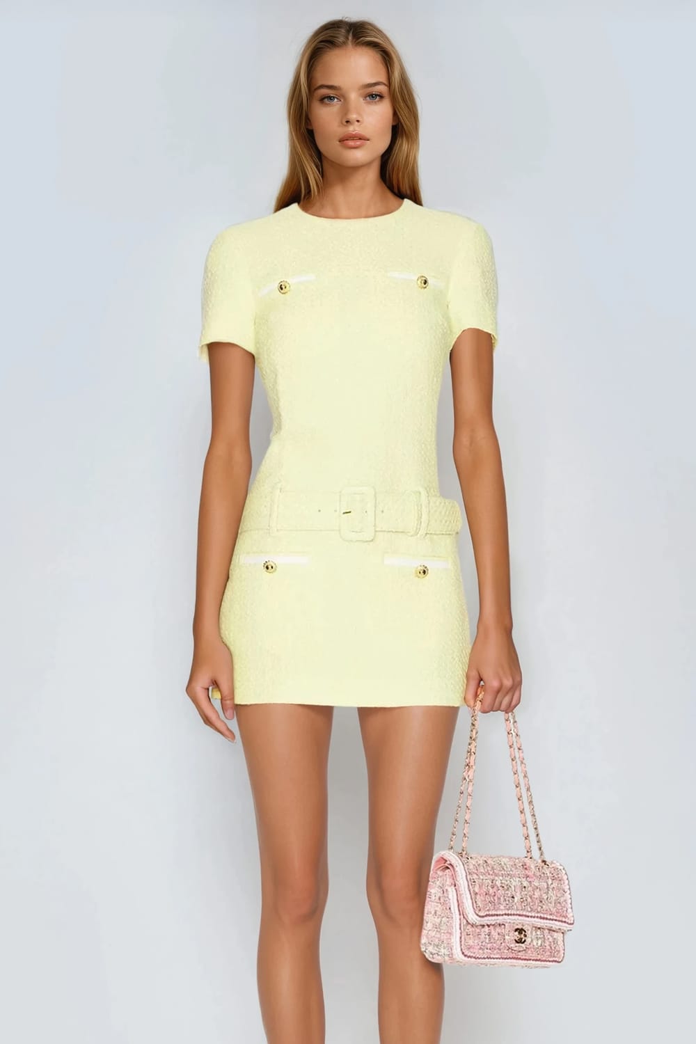 Mini Dress with Belt and Contrast Pockets - Yellow