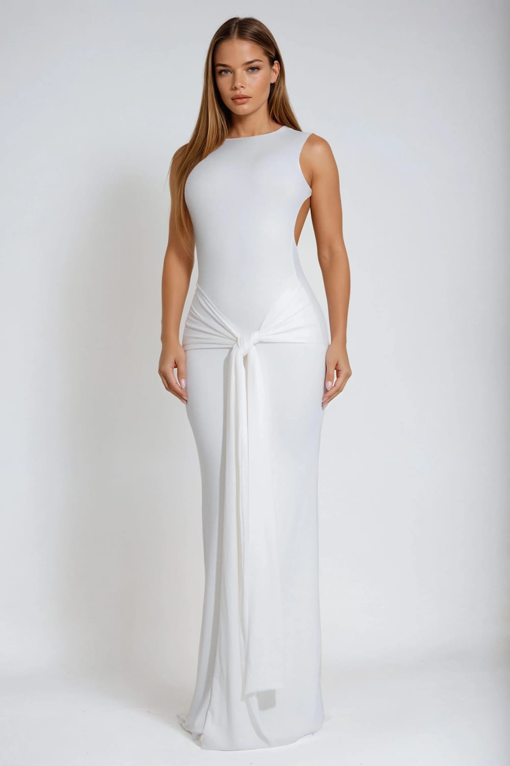 Sleeveless Draped Detail Open Back Maxi Dress - White