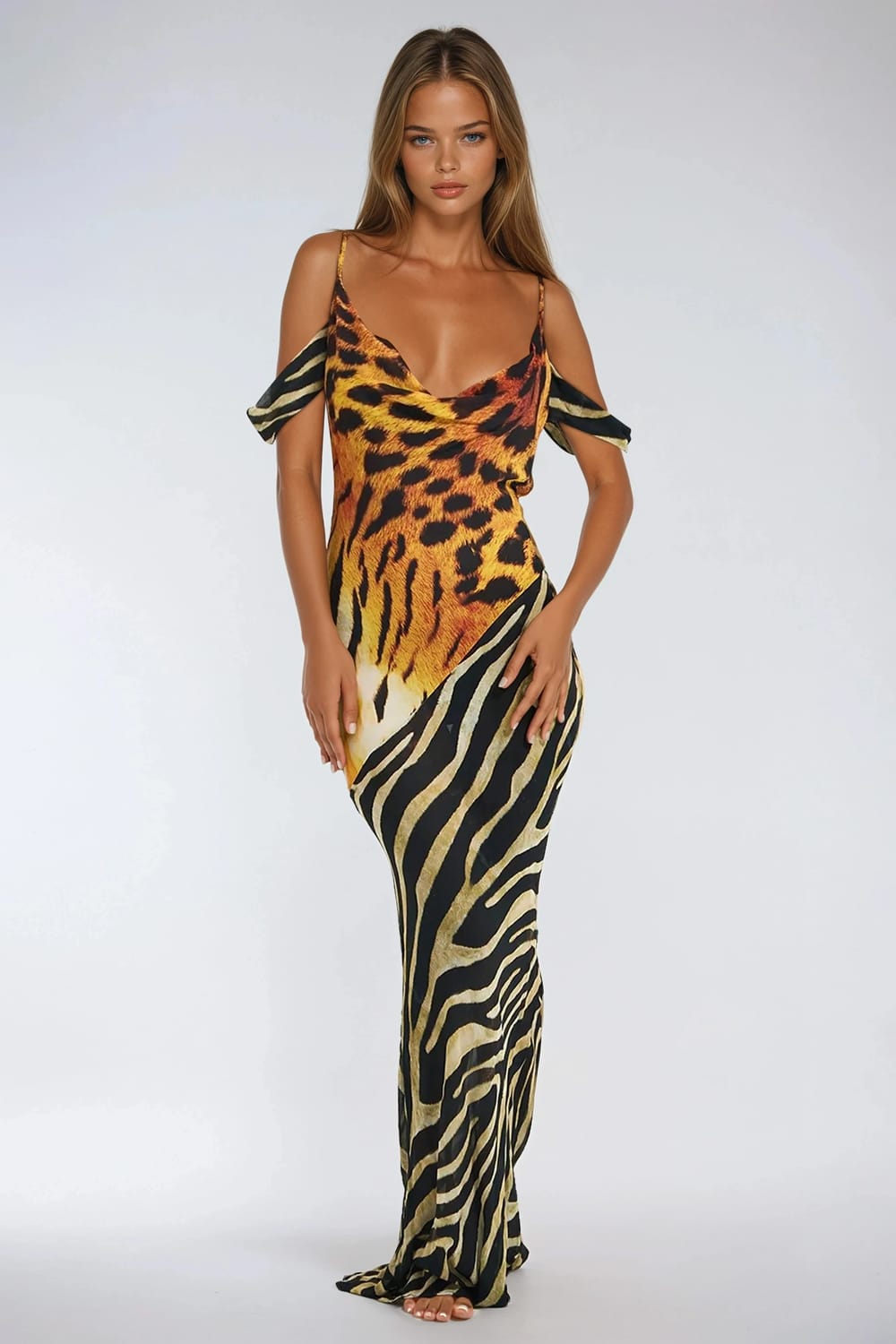Thin Strap Maxi Dress with Cold Shoulder and Deep Neckline - Brown