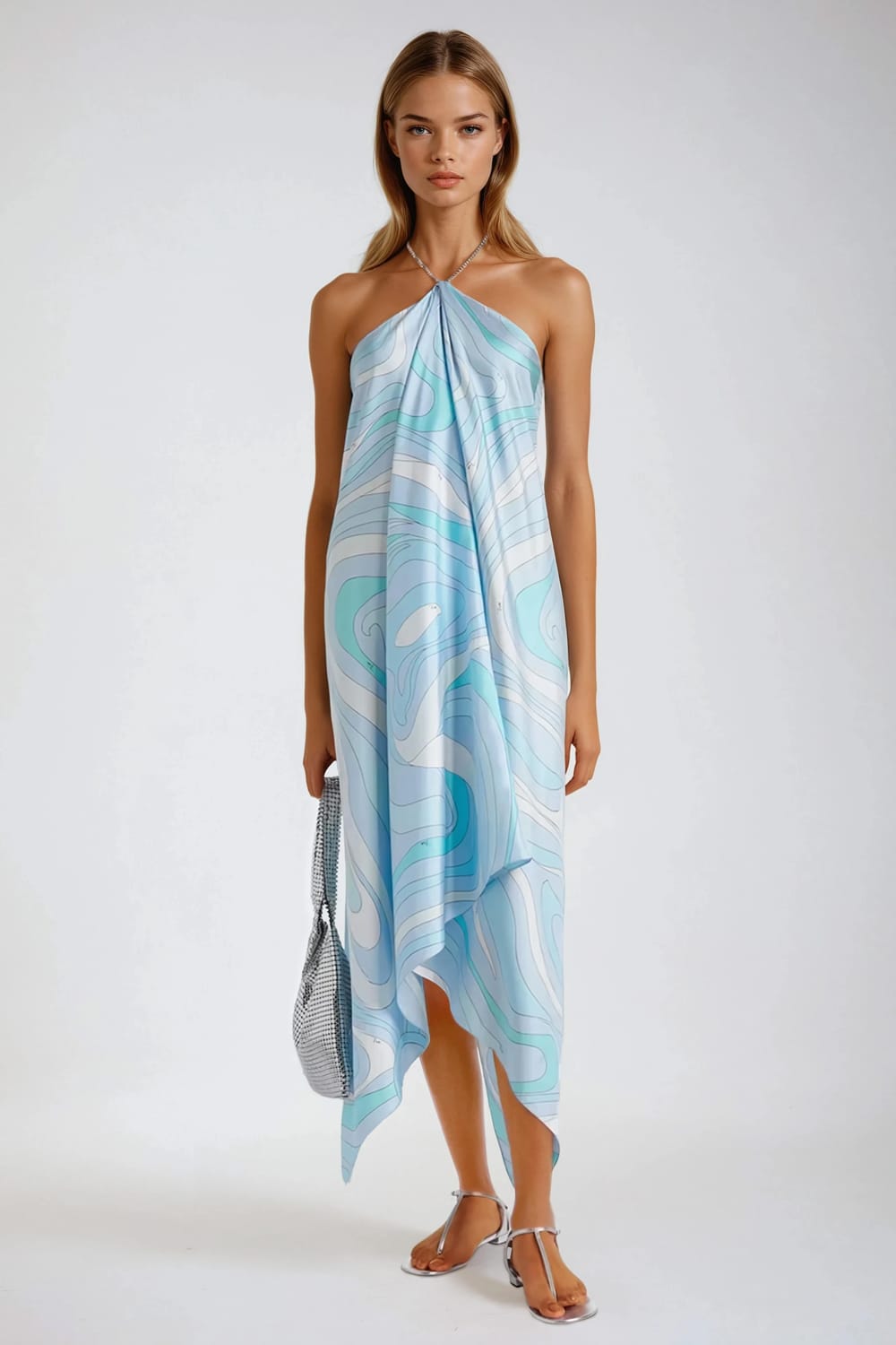 Halter Neck Backless Drape Maxi Dress - Blue