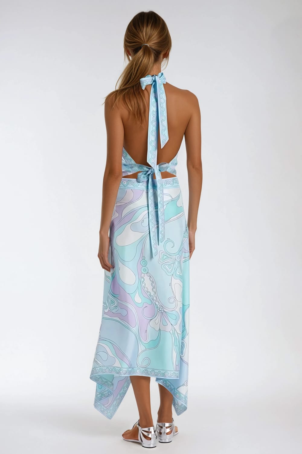 Two-Piece Set with Halter Top and Handkerchief Hem Skirt - Blue