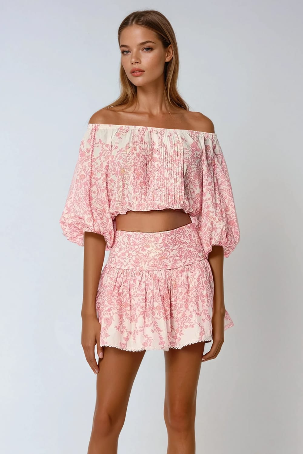 Two-Piece Set with Off Shoulder Top and Shirred Mini Skirt - Pink
