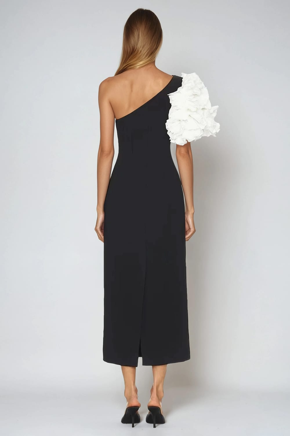 Asymmetrical Midi Dress with Oversized Floral Detail - Black