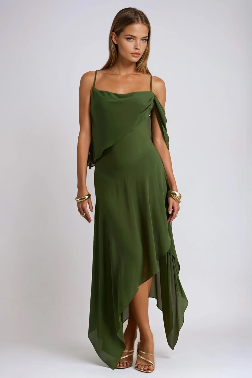 Asymmetrical Drape Detail Maxi Dress - Green