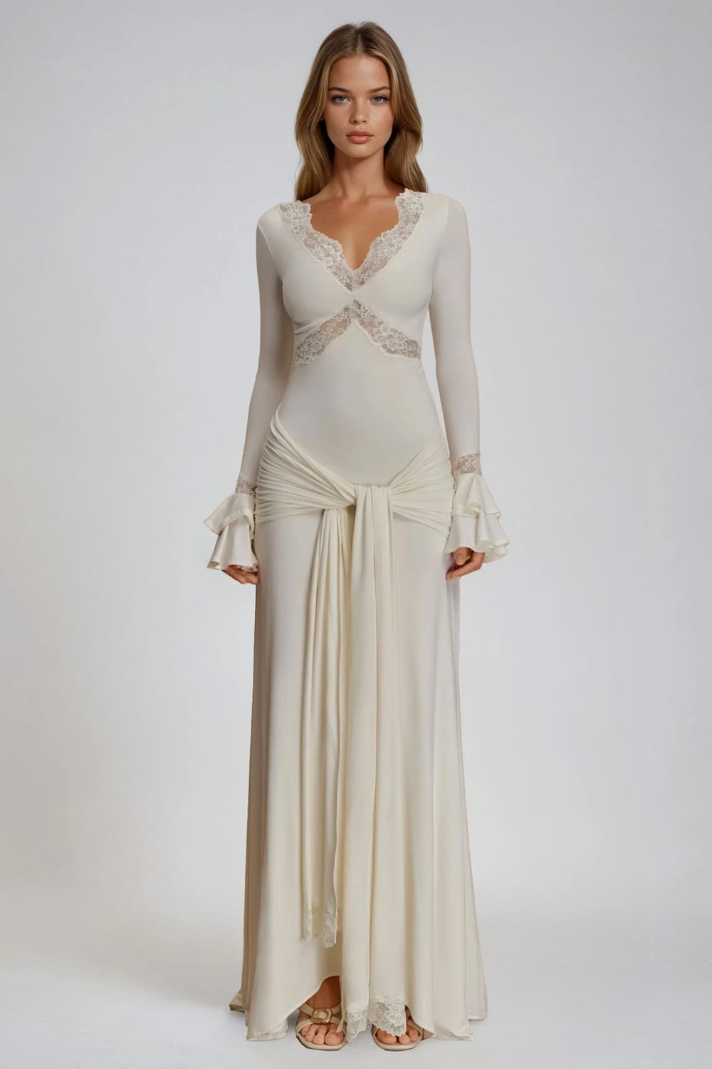 Long Sleeve Draped Maxi Dress with Lace Trim - White