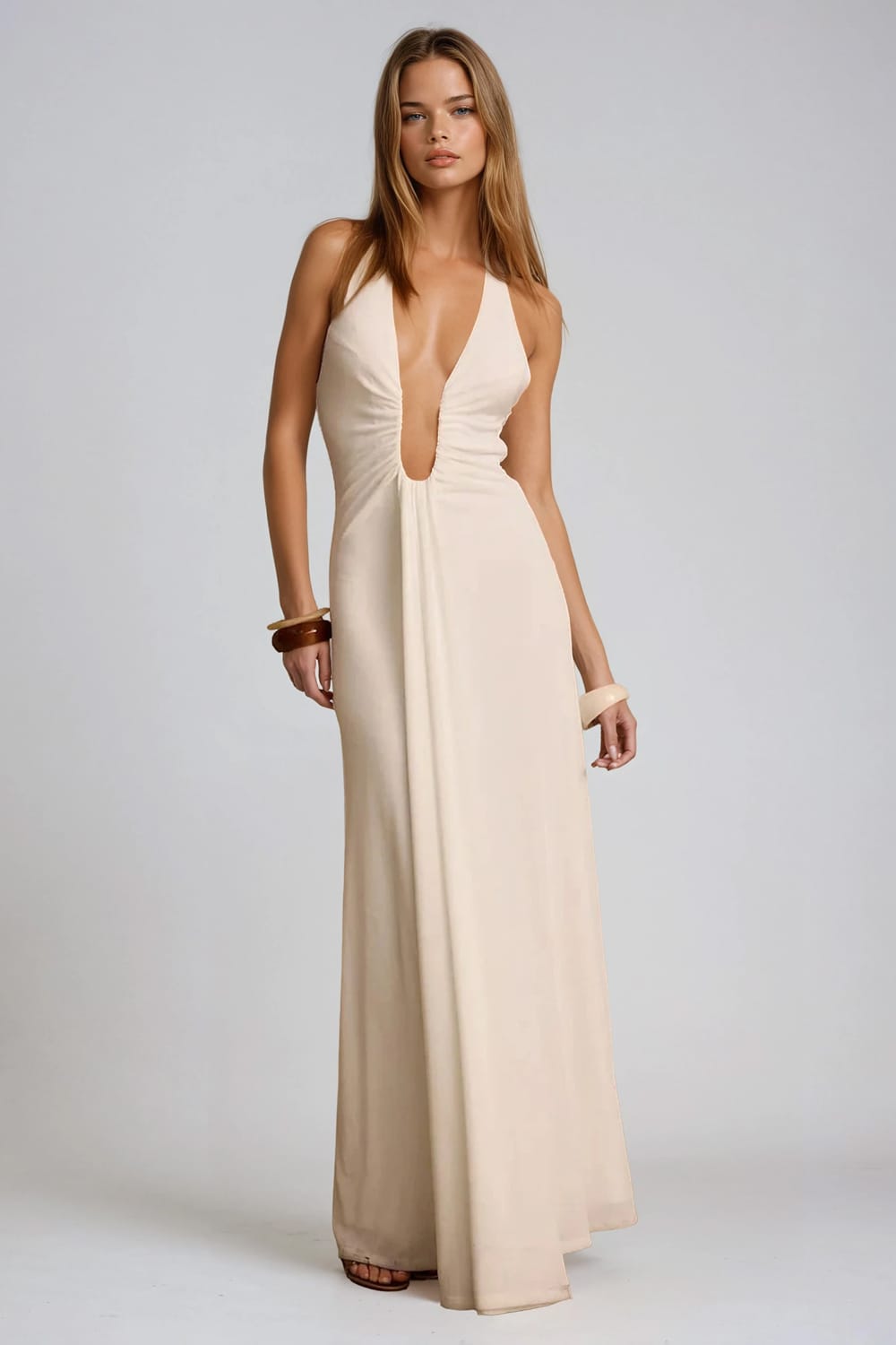 Plunge Neck Halter Maxi Dress with Ruching - White