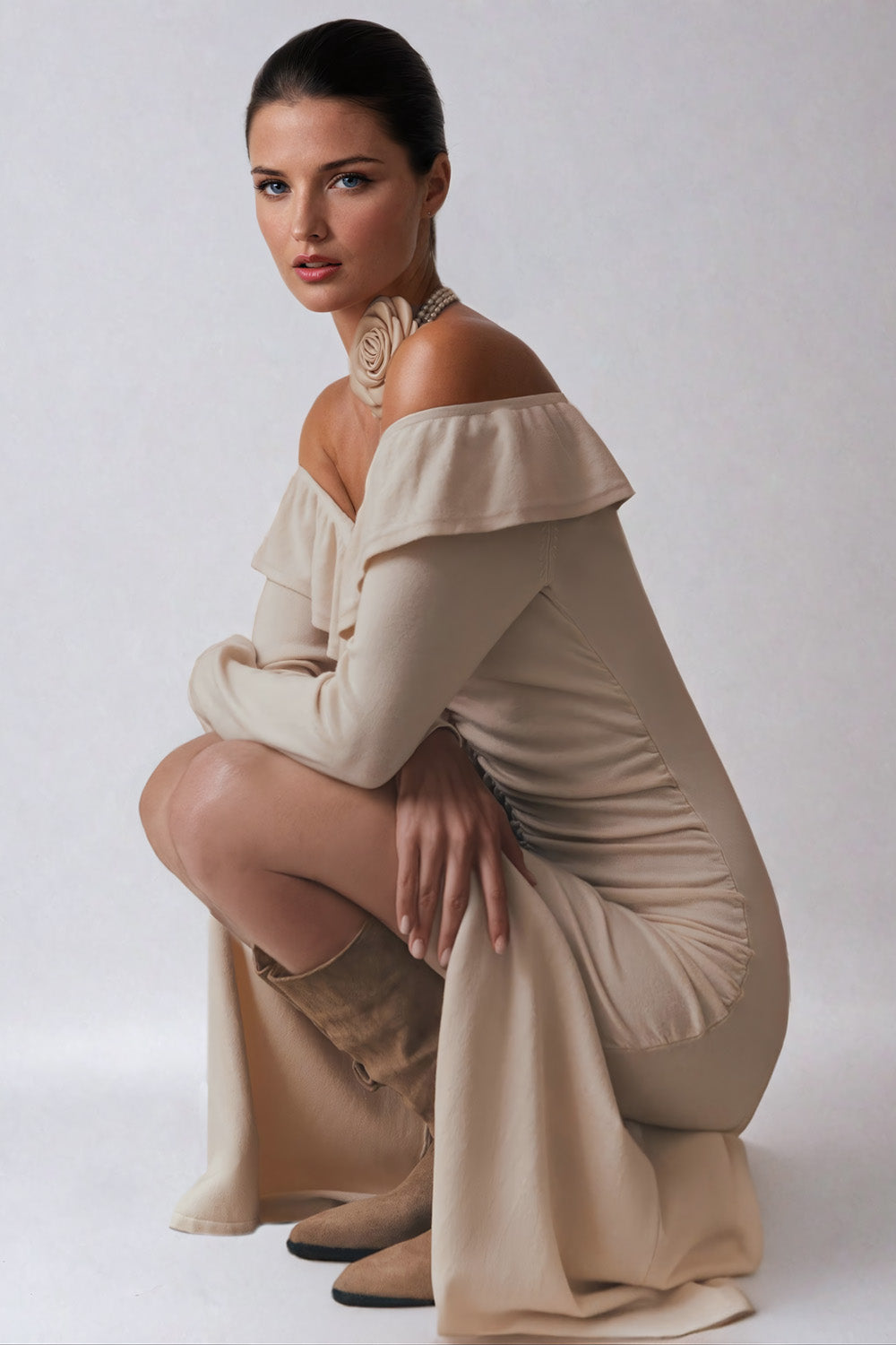 Off-Shoulder Maxi Dress with Ruffle Front - Light Brown