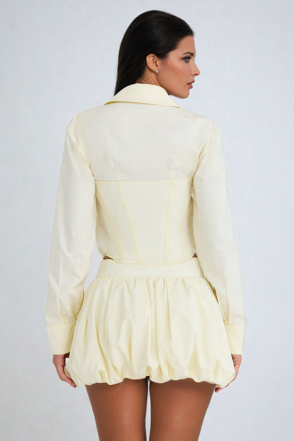 Two-Piece Set with Plunging Neckline Top and Bubble Skirt - Light Brown