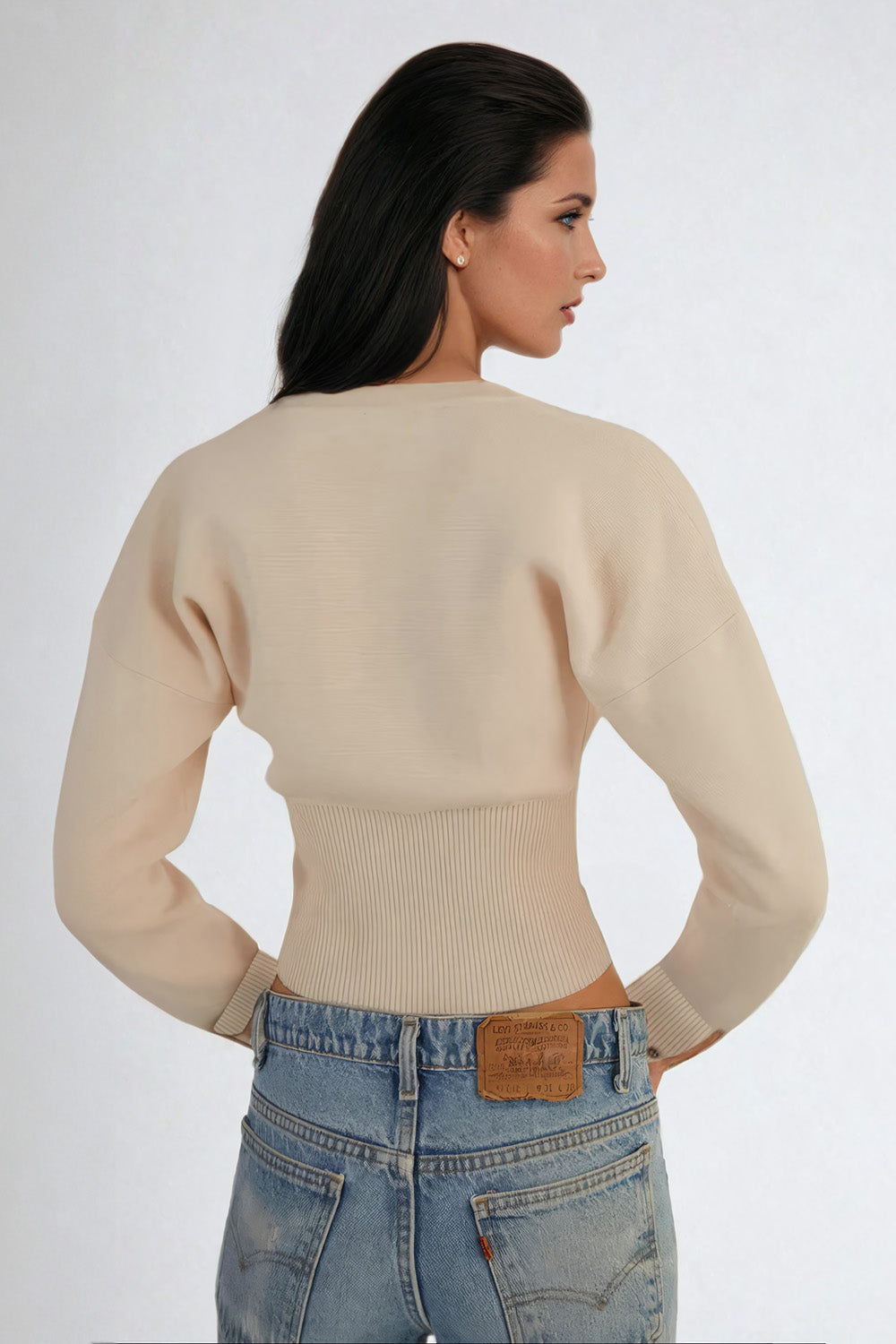 Knitted Cardigan Sweater with Ribbed Waist - Beige