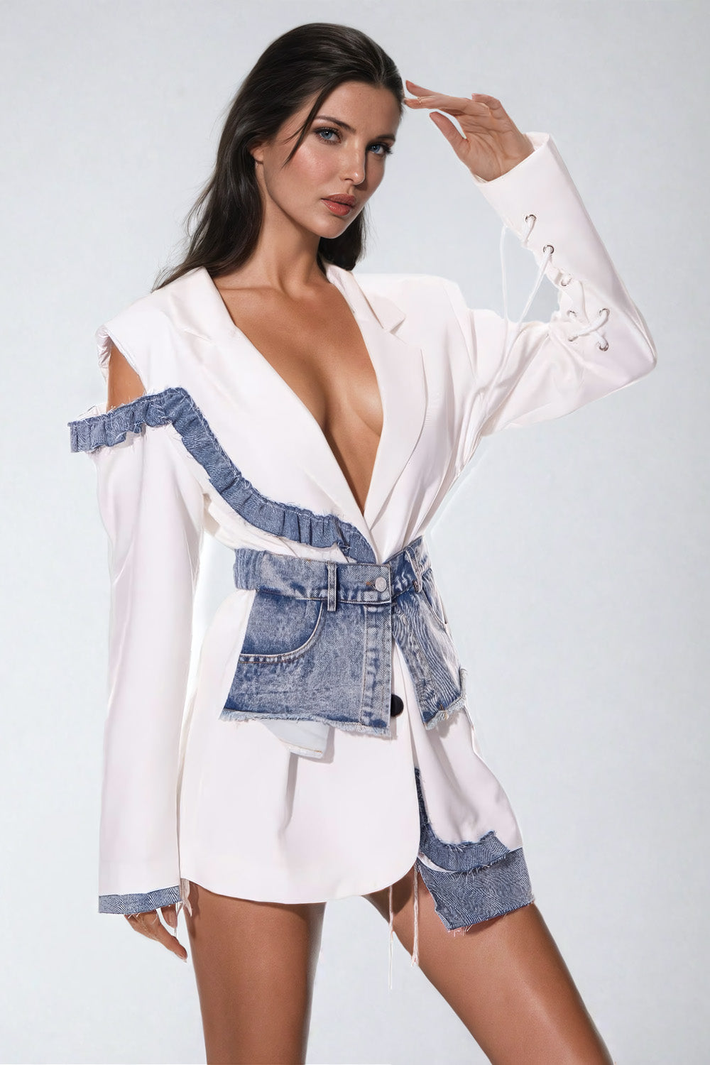 Blazer-Style Mini Dress with Lace Cutout & Denim Belt - White