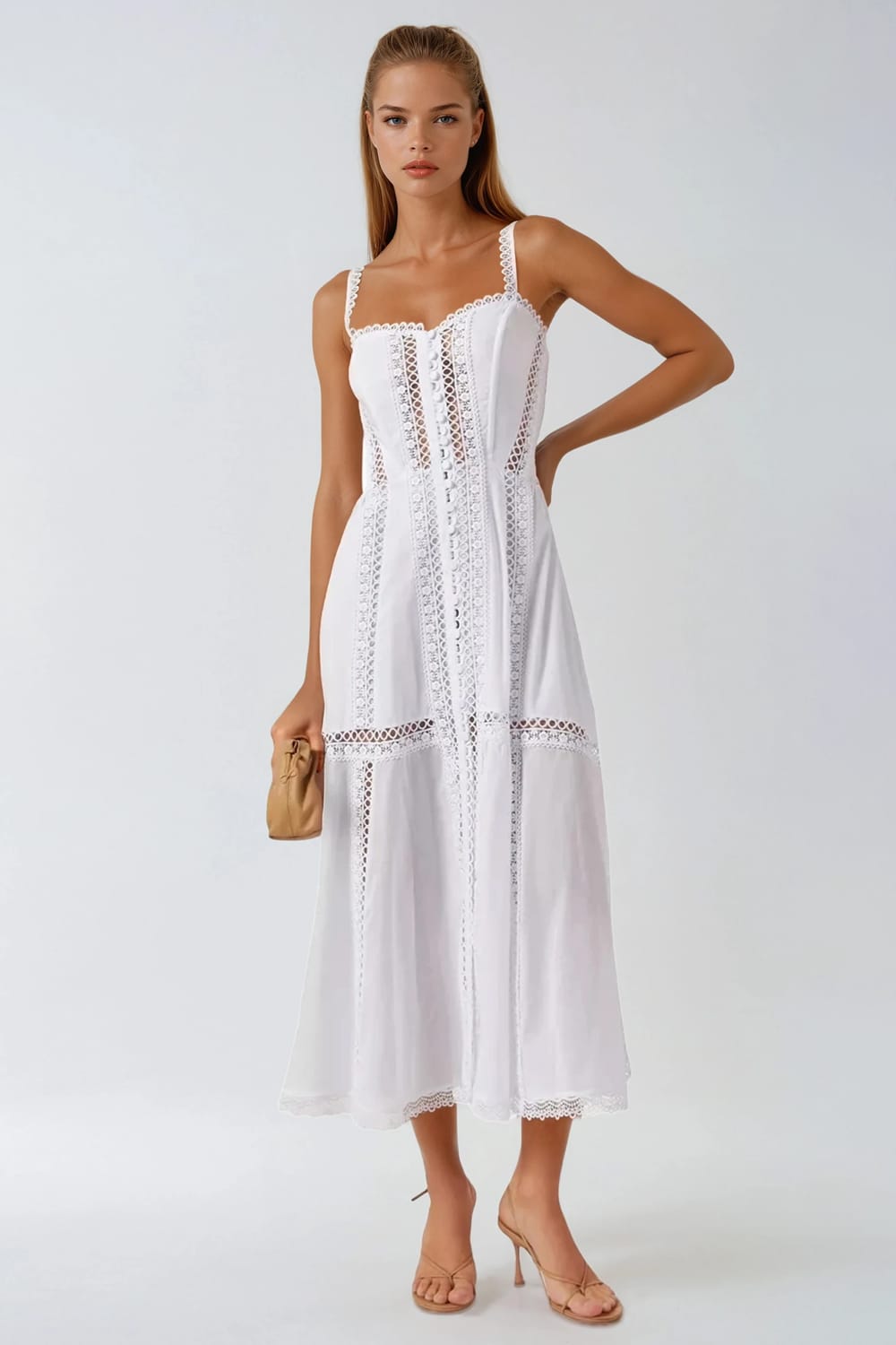 Sleeveless Midi Dress with Cut-Out Accent - White