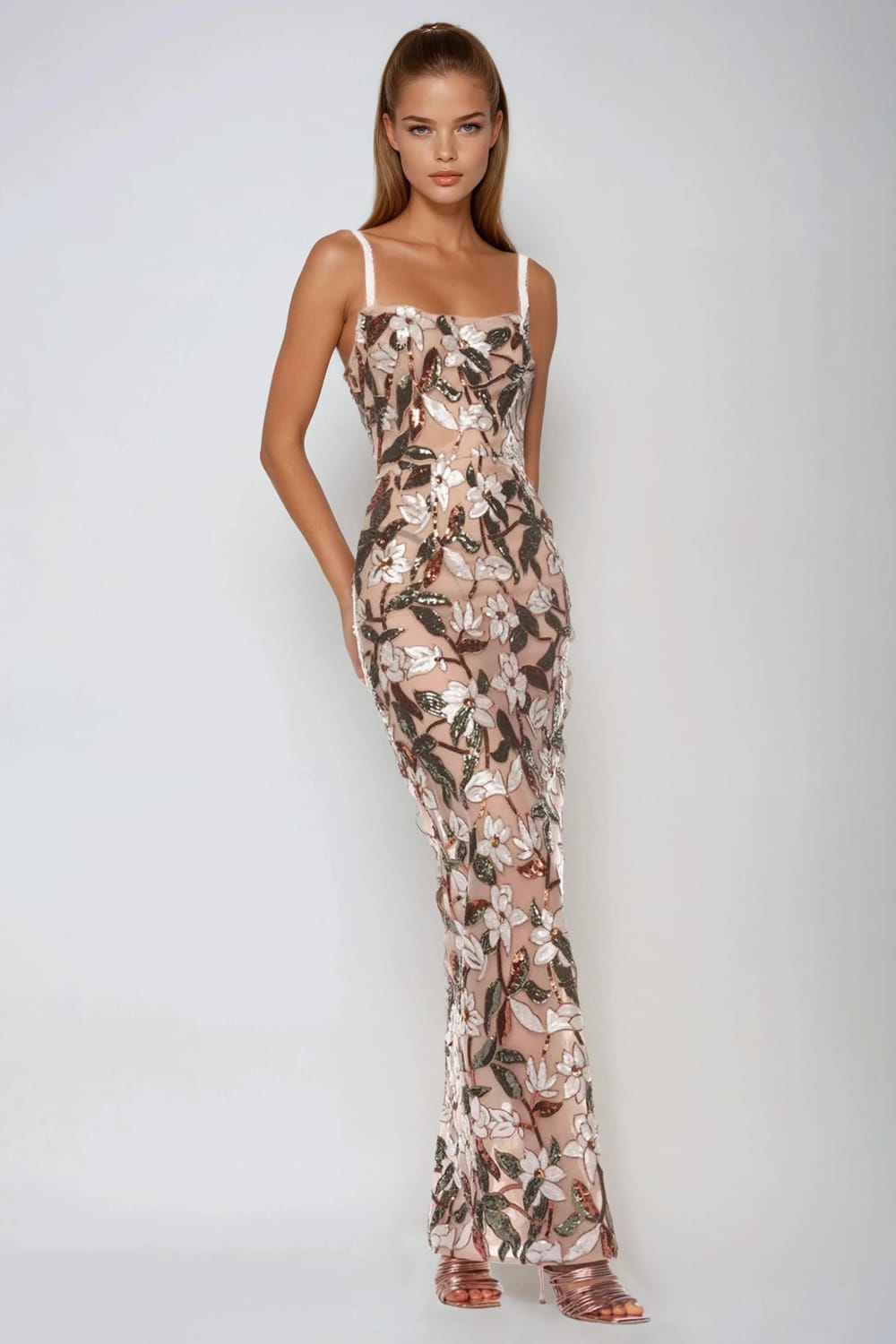 Floral Sheer Sleeveless Maxi Dress - Brown