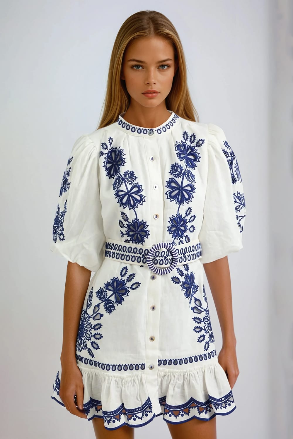 Embroidered Puff Sleeve Mini Dress - White