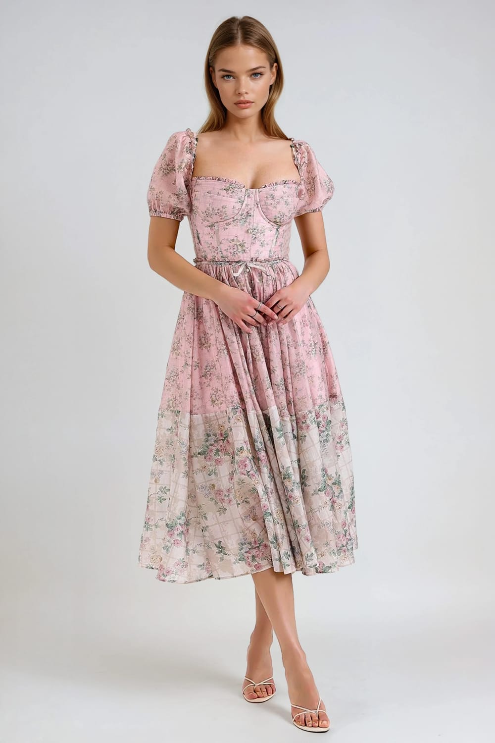 Puff Sleeve Sweetheart Neck Midi Dress - Pink