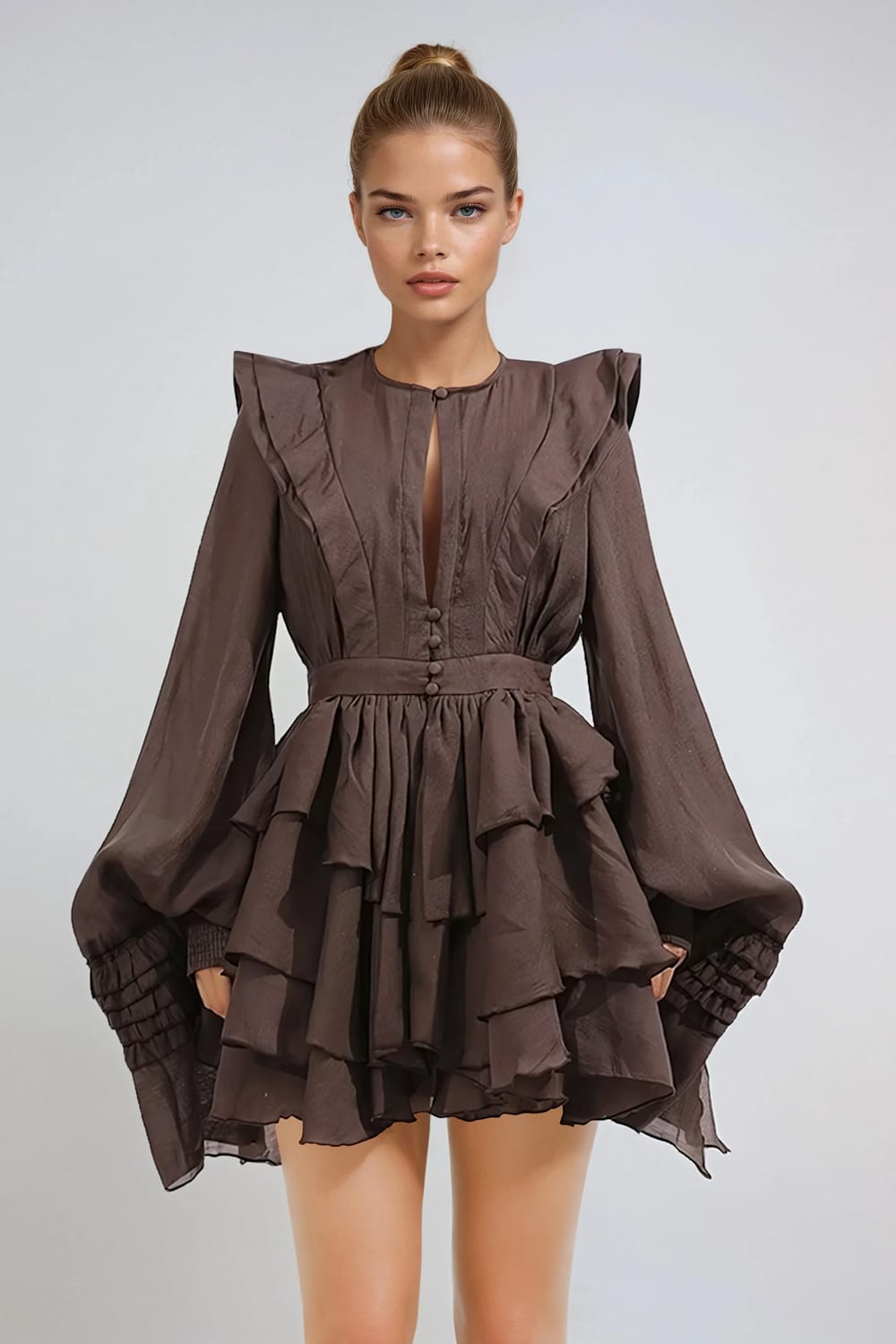 Sheer Ruffle Sleeve Mini Dress - Brown