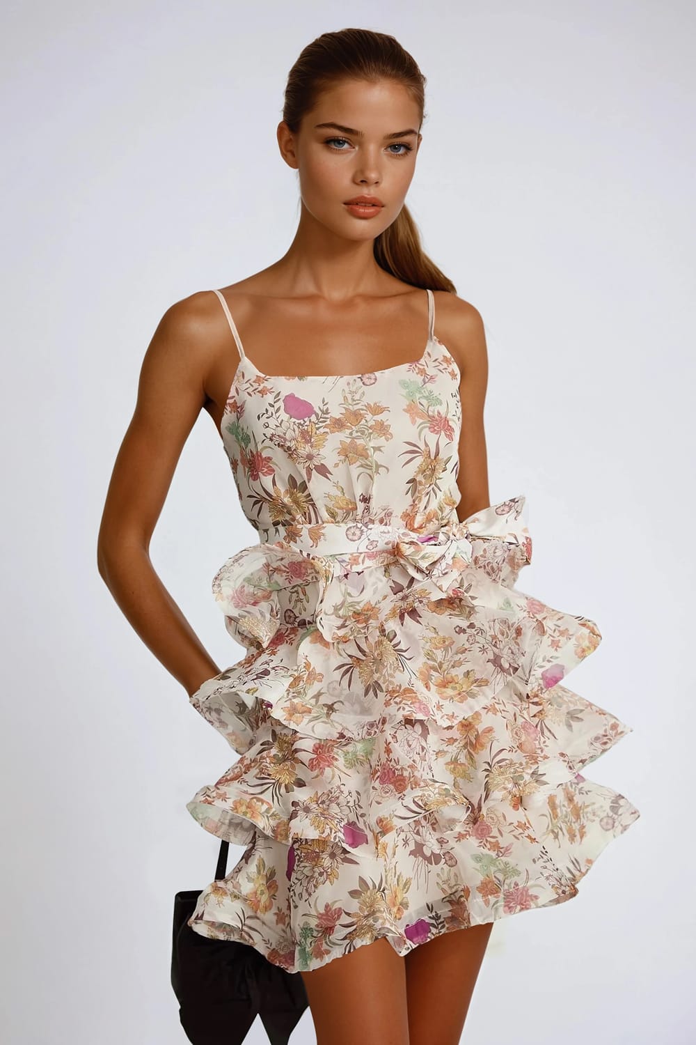 Mini Dress with Tiered Ruffle Skirt and Waist Tie - Pink