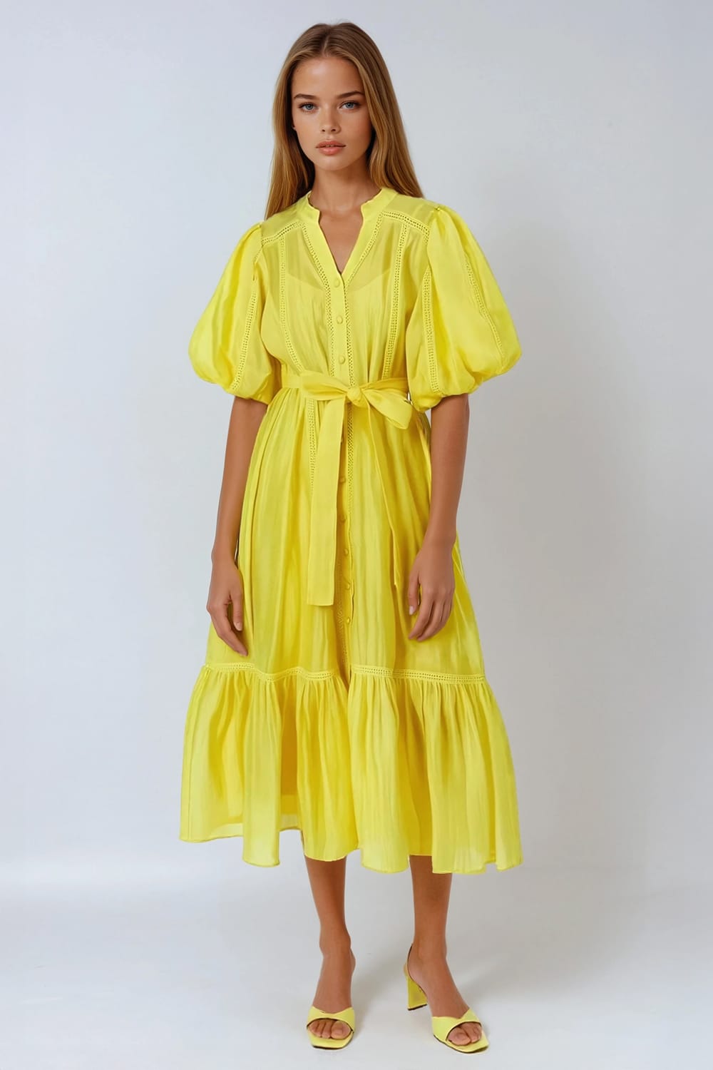 Midi Dress with Puff Sleeves and Tiered Hem - Yellow