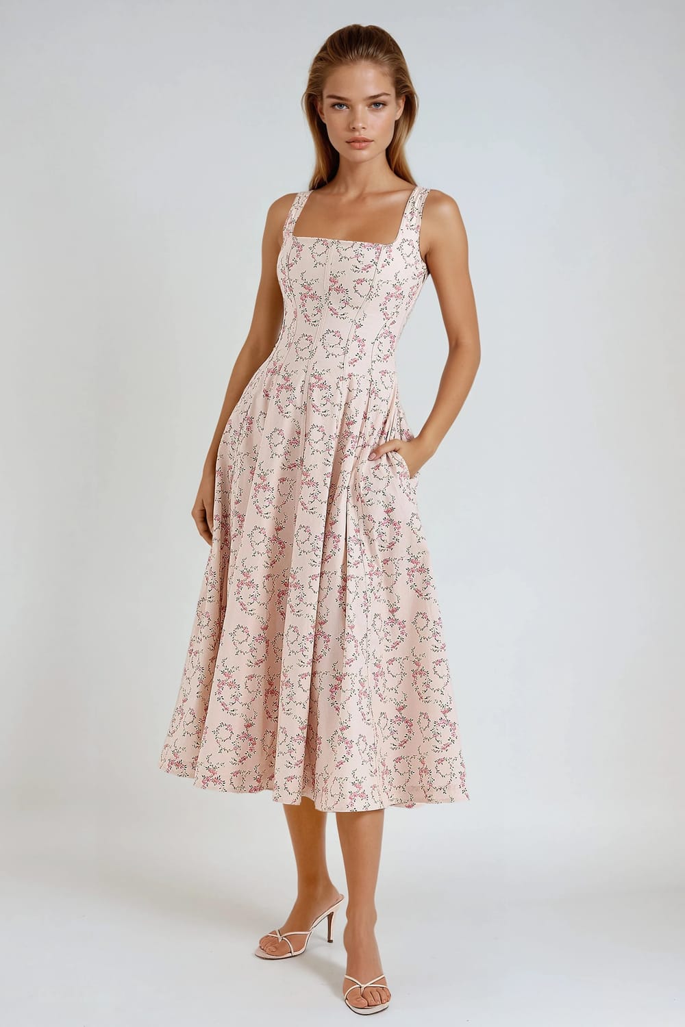 Floral Print Midi Dress with Lace-Up Back - Pink