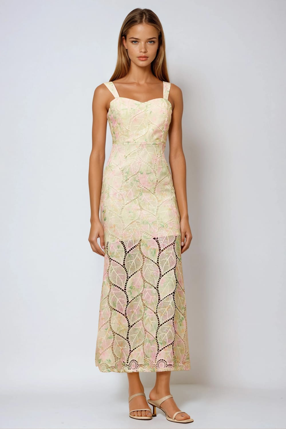 Maxi Dress with Wide Straps and Sheer Leaf Pattern Overlay - White