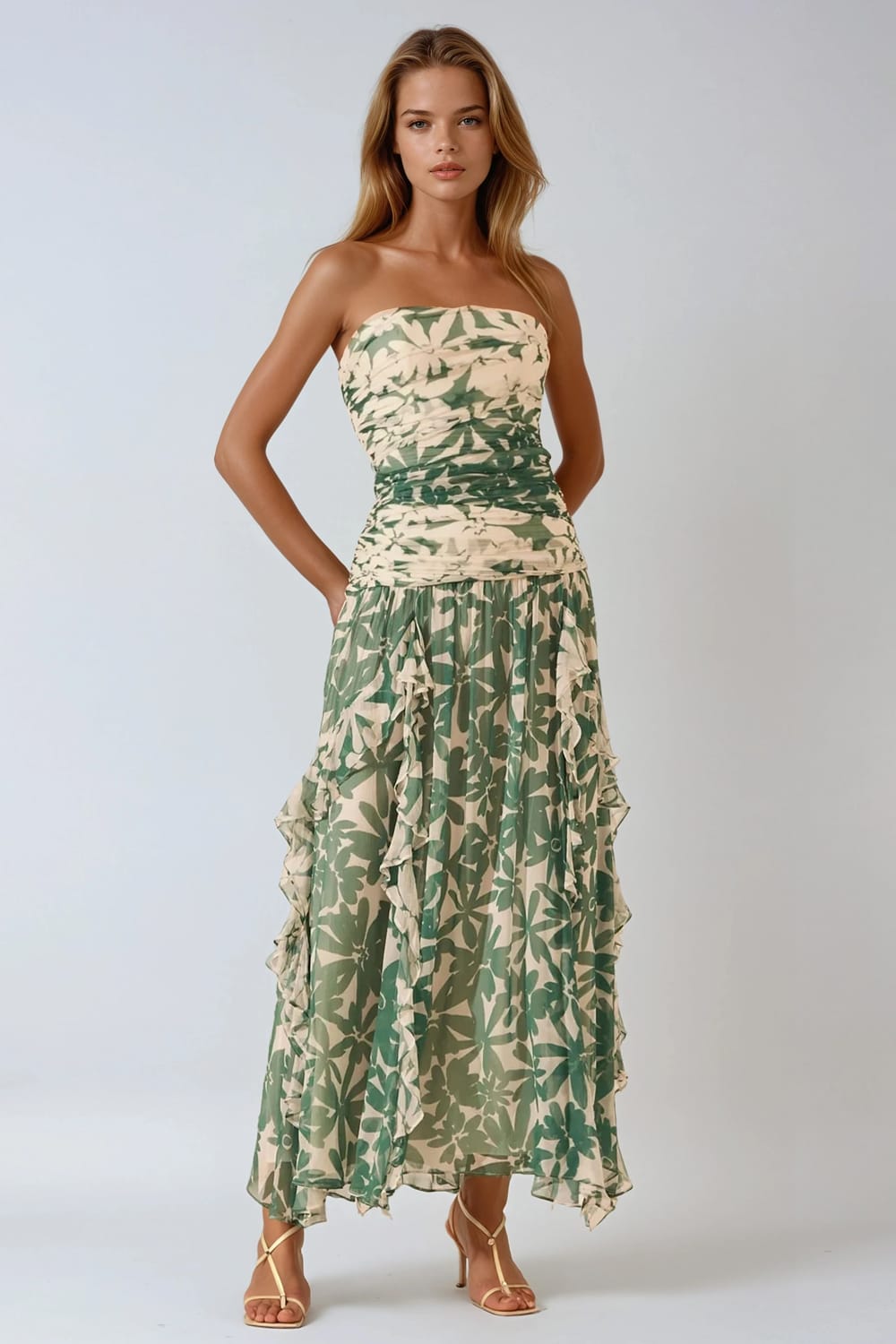Strapless Ruched Maxi Dress with Ruffle Hem - Green