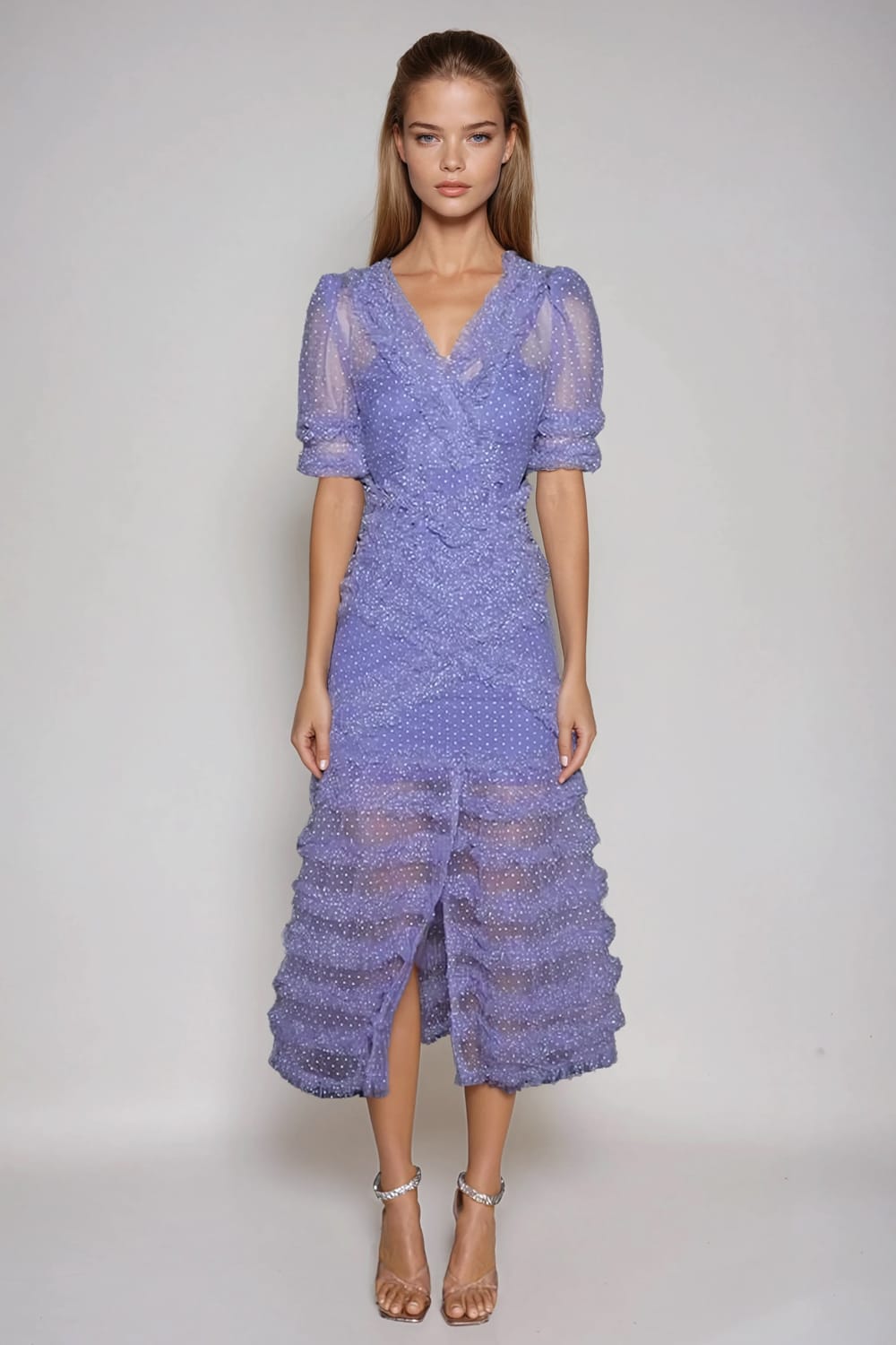 Sheer Puff Sleeve Maxi Dress with Layered Ruffles - Purple