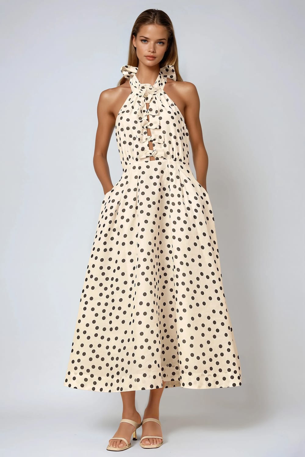 Halter Neck Polka Dot Midi Dress - White