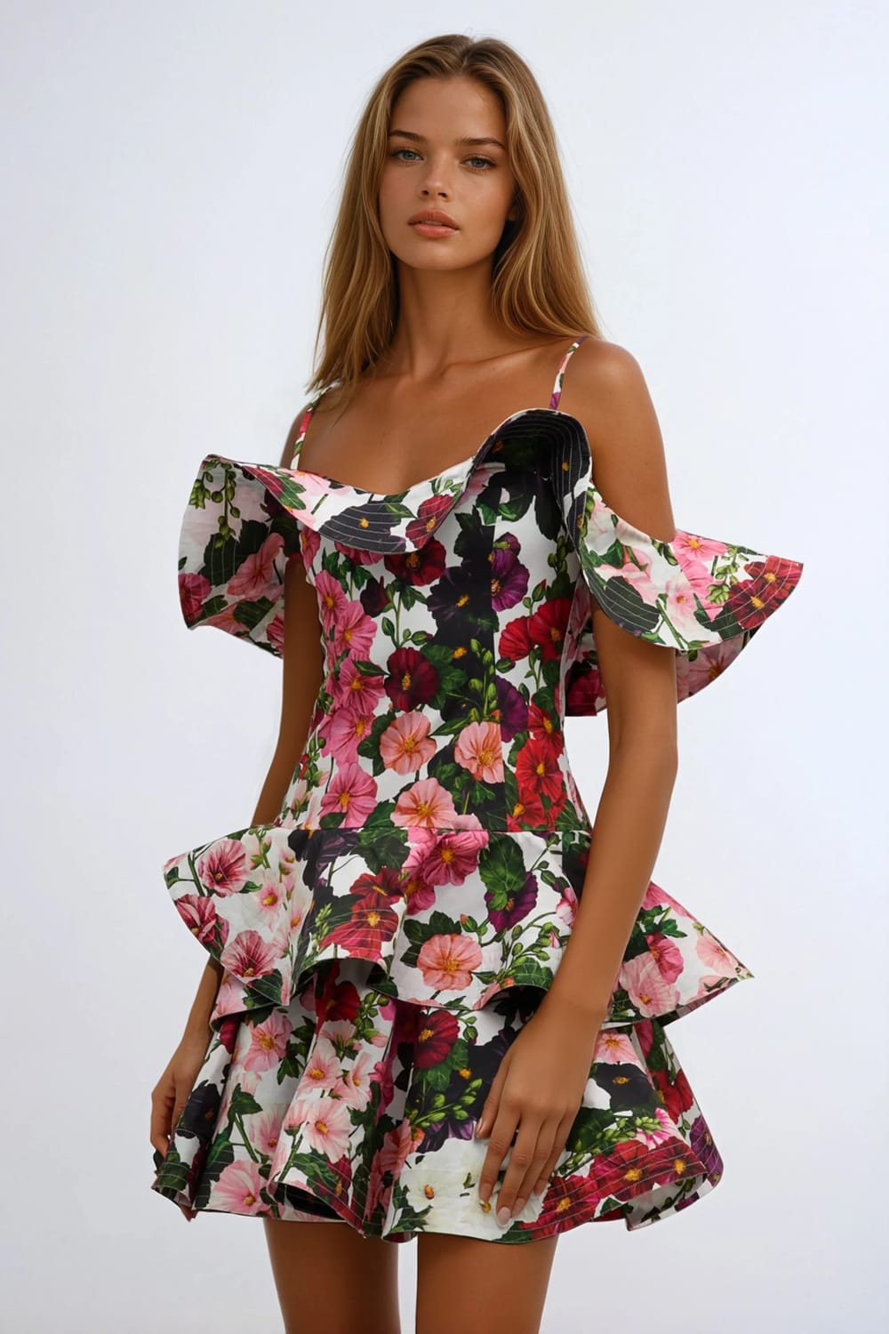 Floral Ruffle Detail Mini Dress - Pink