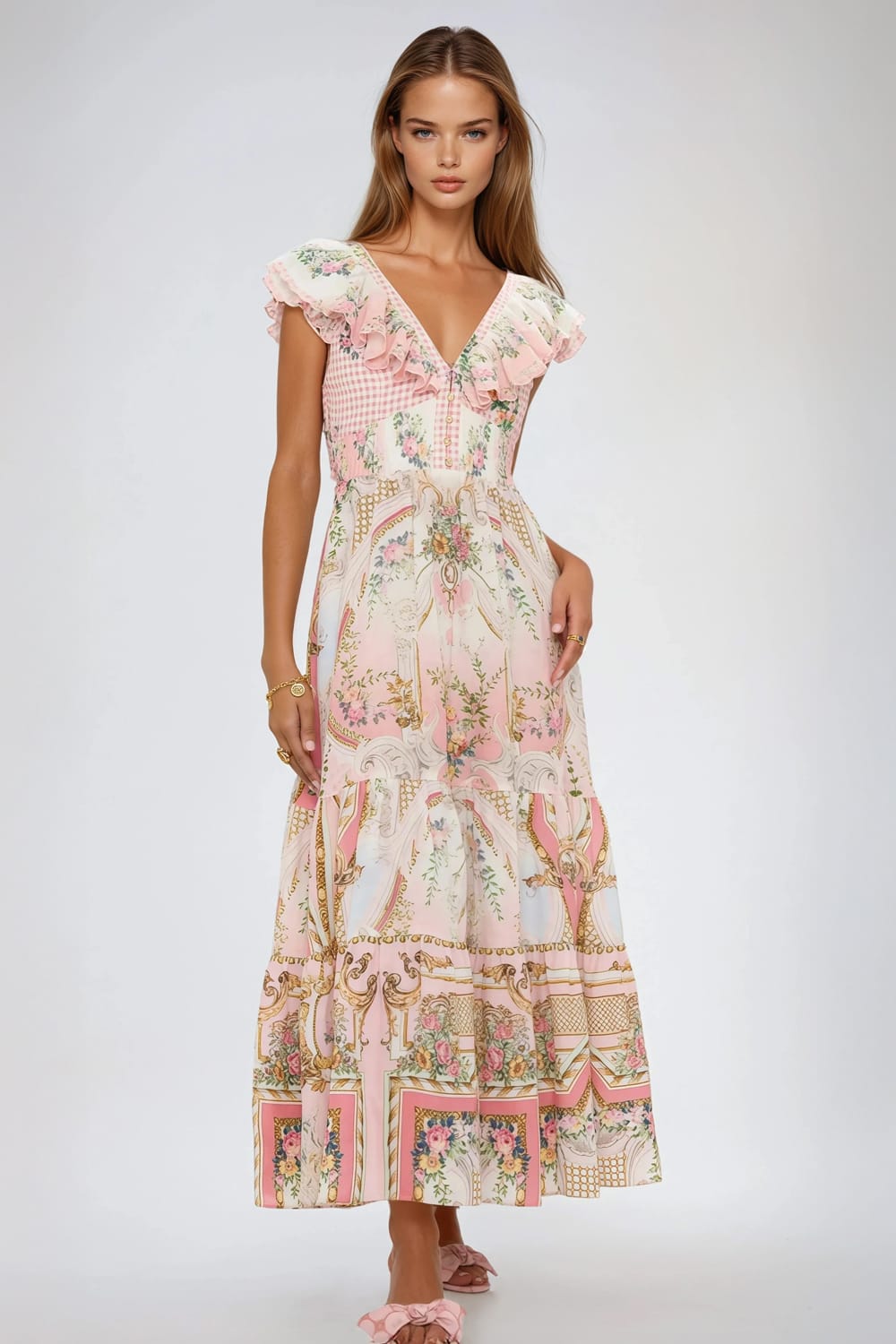 V-Neck Ruffle Sleeve Maxi Dress with Open Back and Bow Detail - Pink
