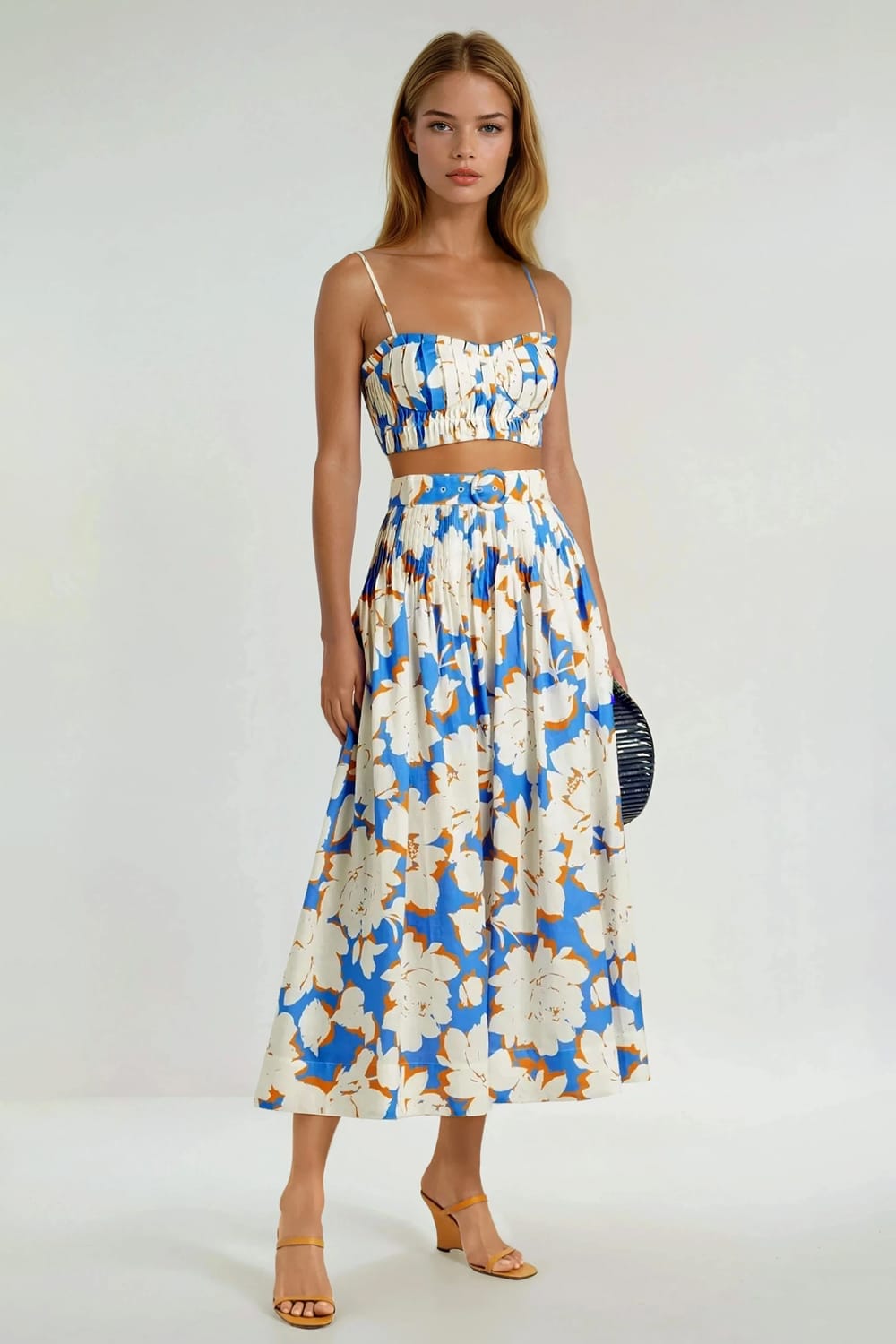 Two-Piece Set with Pleated Crop Top and Maxi Skirt - Blue