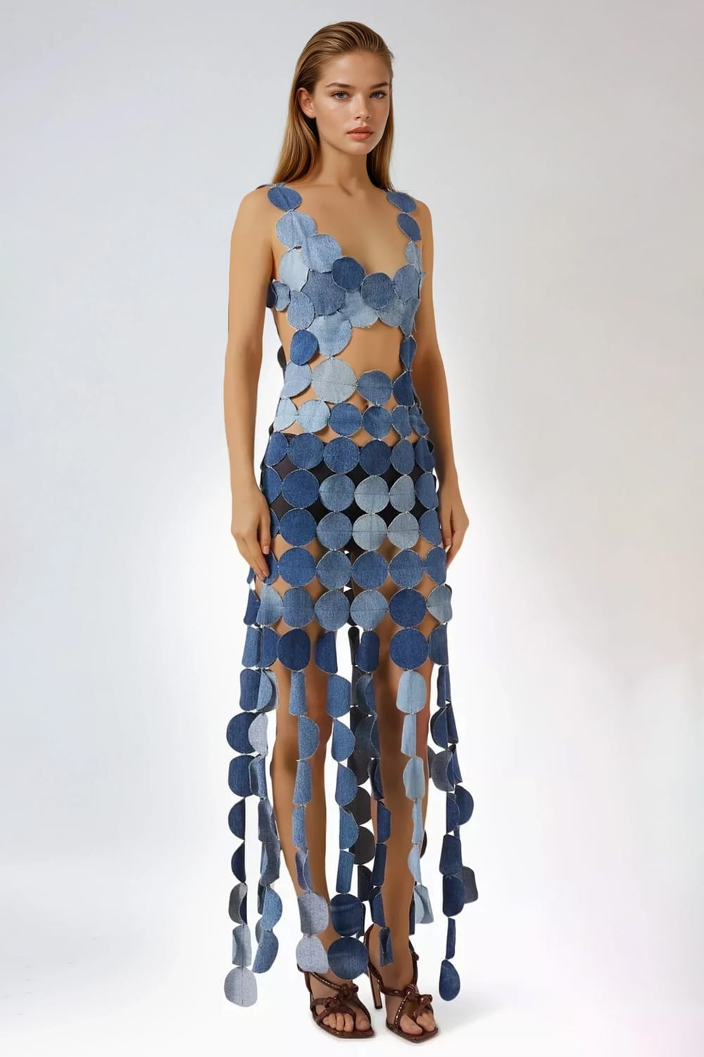 Circular Cutout Denim Maxi Dress - Blue