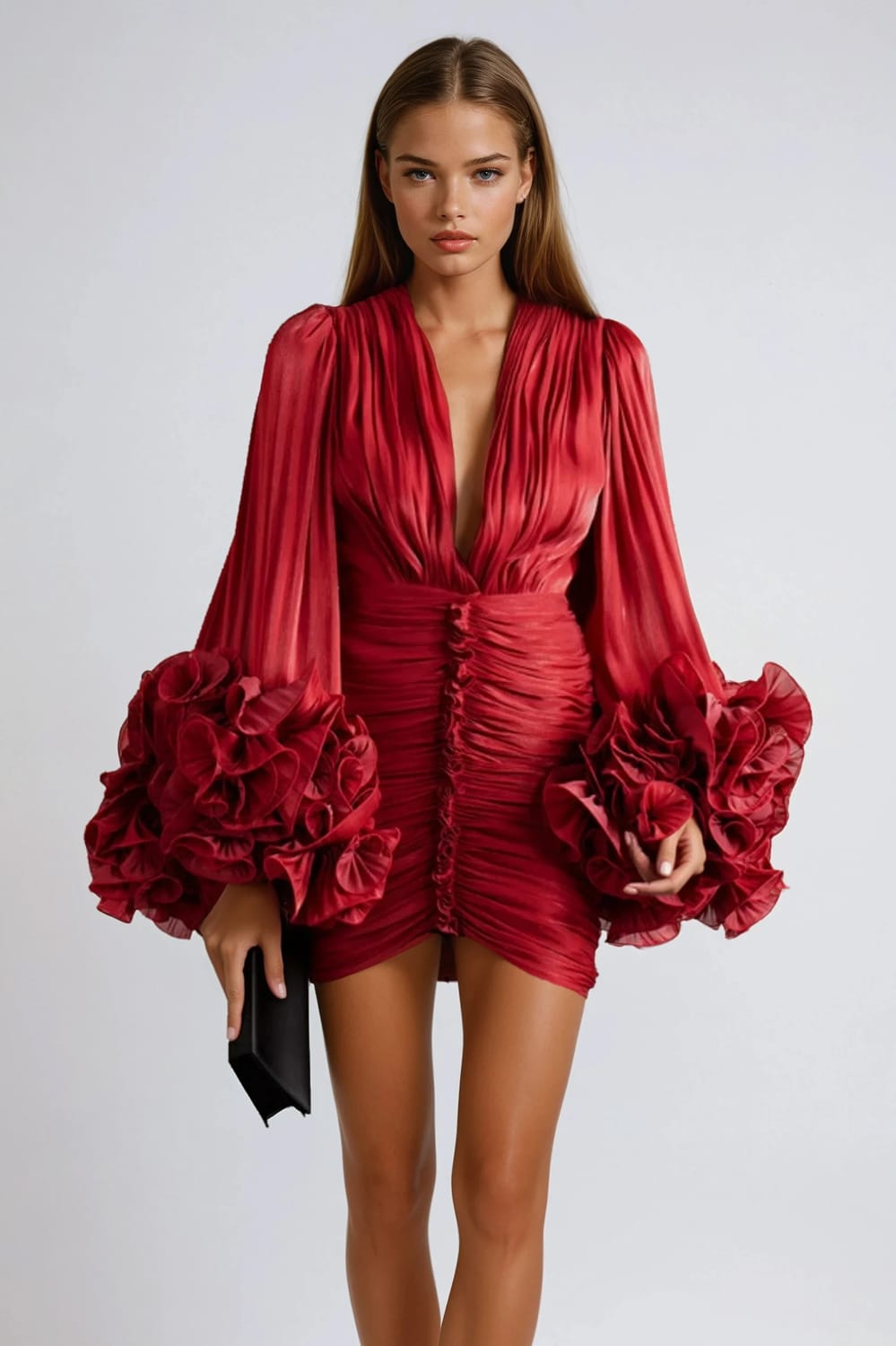 Pleated Deep V-Neckline Mini Dress with 3D Floral Accent - Black