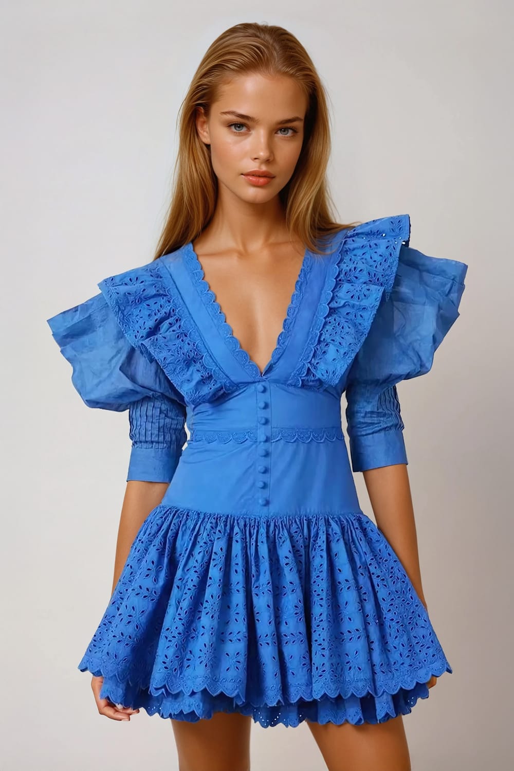 Plunge Neck Ruffle Detail Mini Dress - Blue