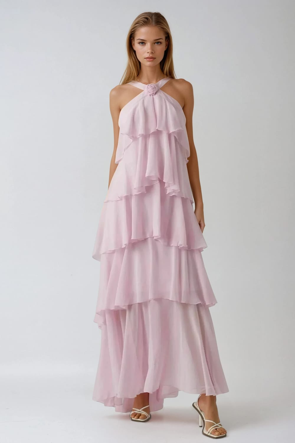 Halter Tiered Ruffle Maxi Dress - Pink