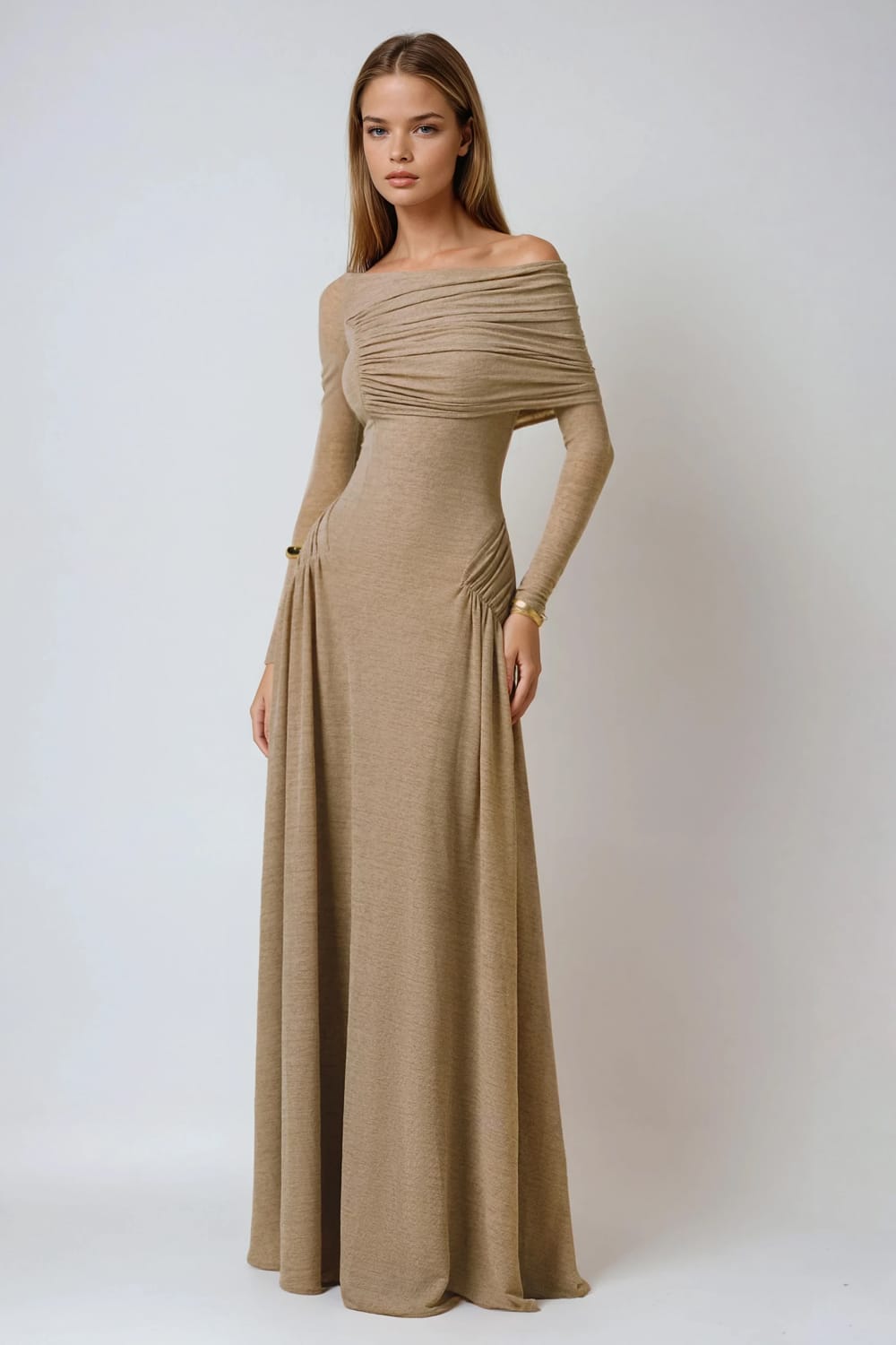 Off Shoulder Asymmetrical Draped Maxi Dress - Beige