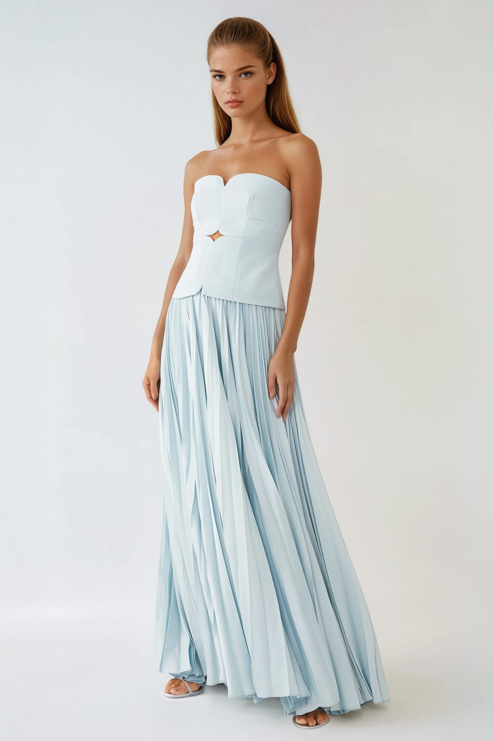 Strapless Pleated Maxi Dress with Cut-Out Detail - Blue