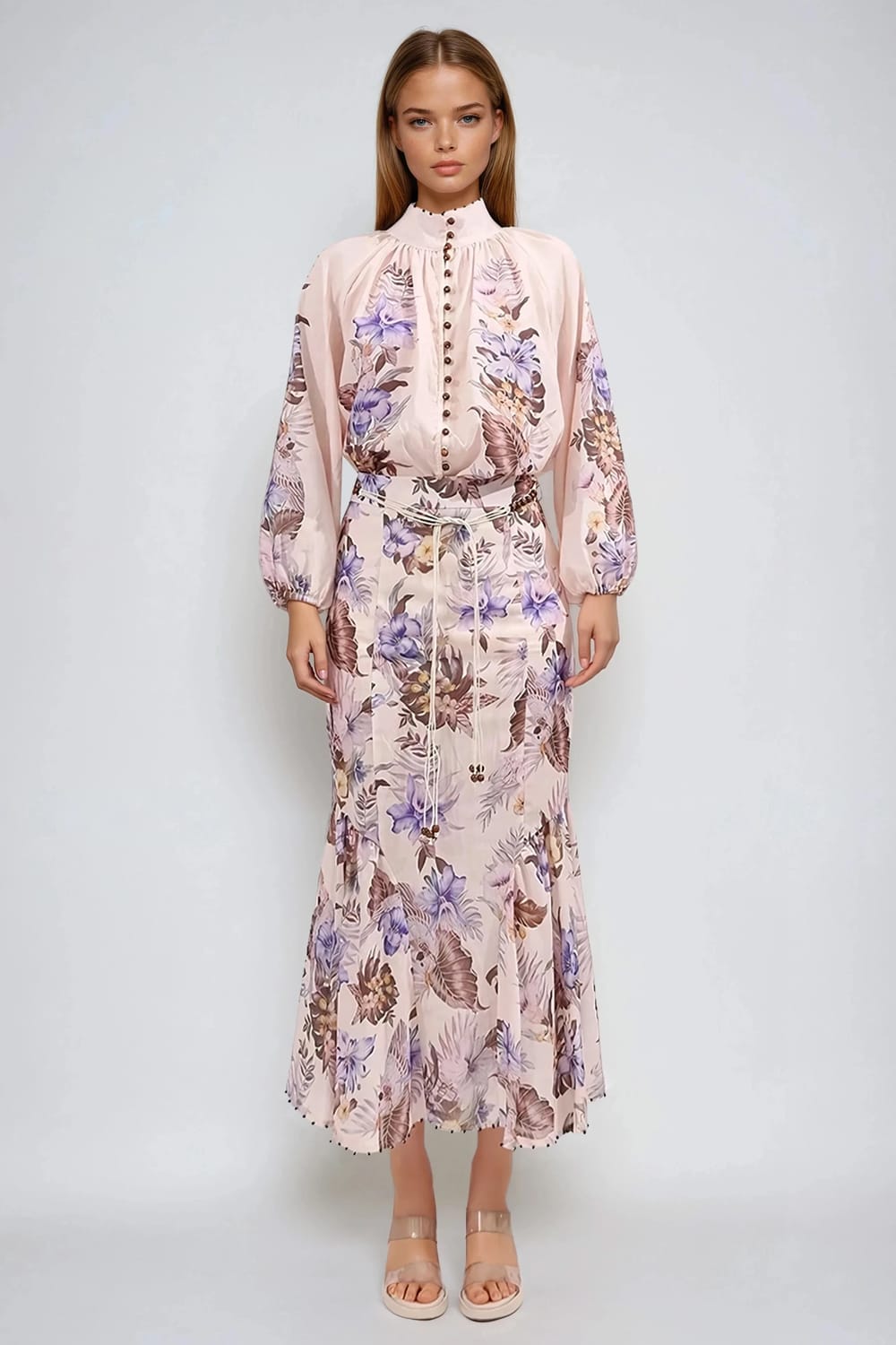 Two-Piece Set with Button Detail Top and Midi Skirt - Apricot