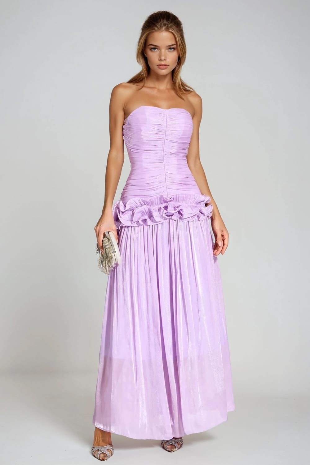 Strapless Maxi Dress with Ruched Bust and Floral Waist Detail - Purple